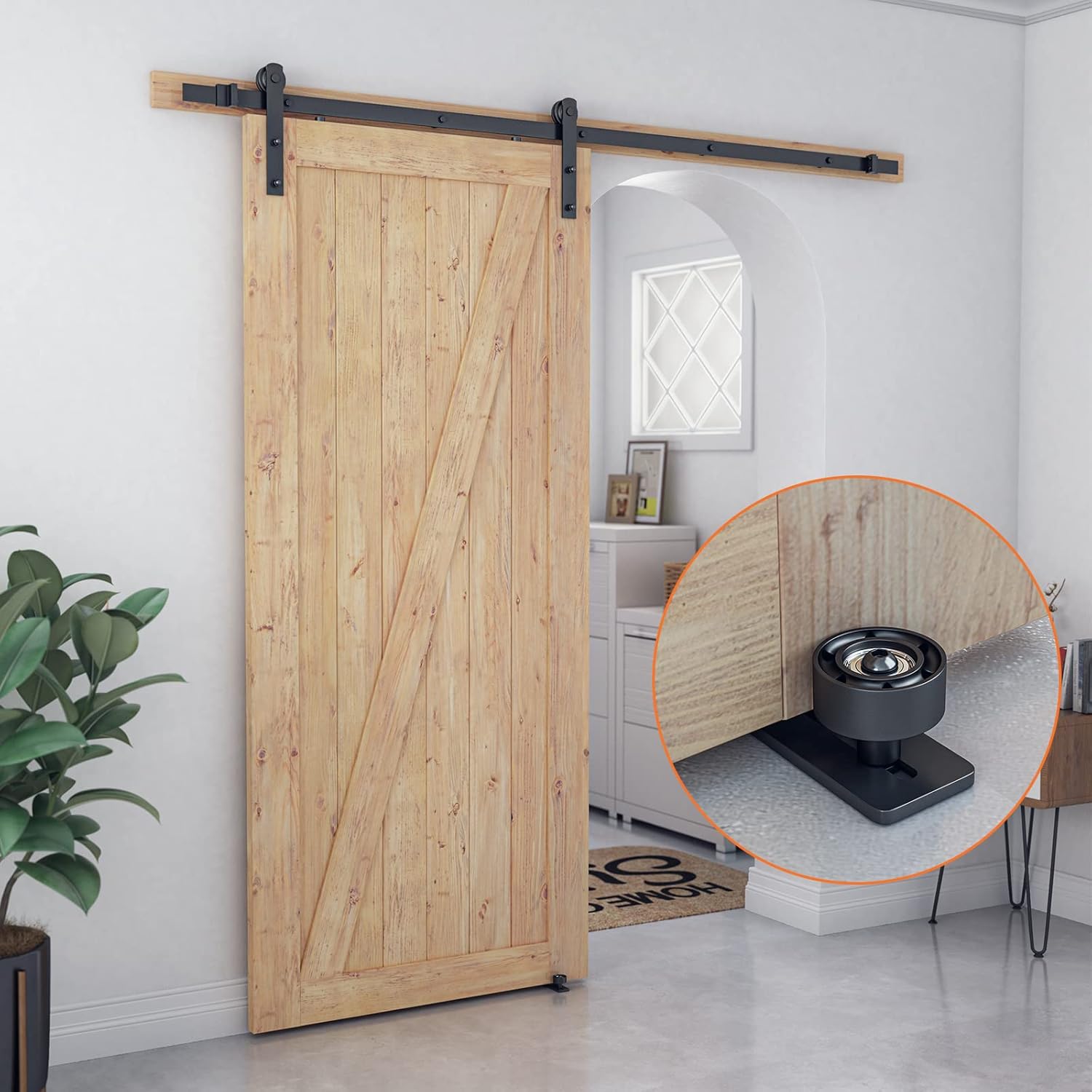 LDB_Building – Guía de piso de diseño de fondo negro para puerta corrediza de granero, sistema de montaje en pared antiarañazos con ruedas de