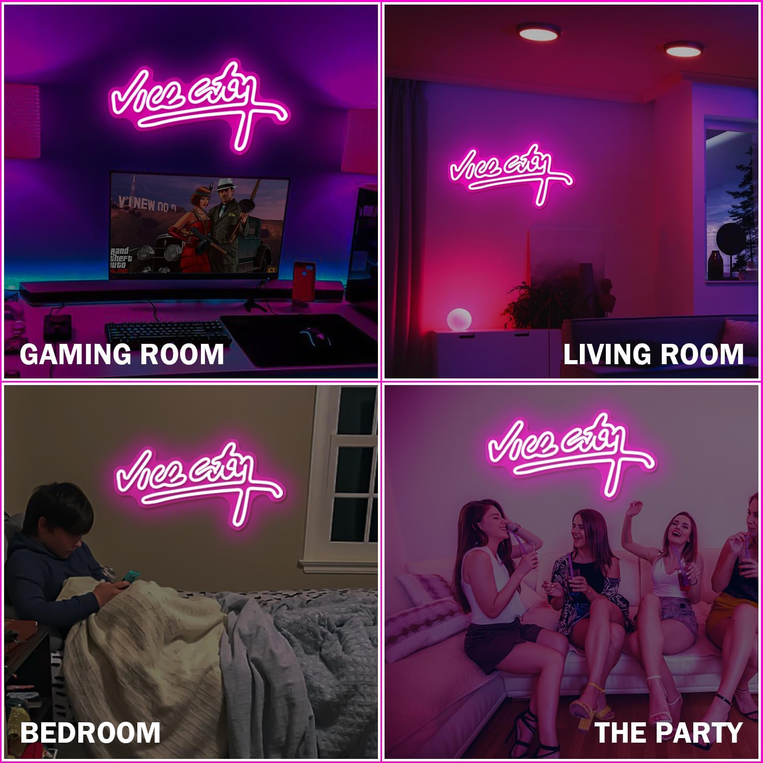 Letrero de neón de Vice City para pared, letreros de luz rosa para sala de juegos, dormitorio, bar, fiesta, decoración de pared, letras de neón para