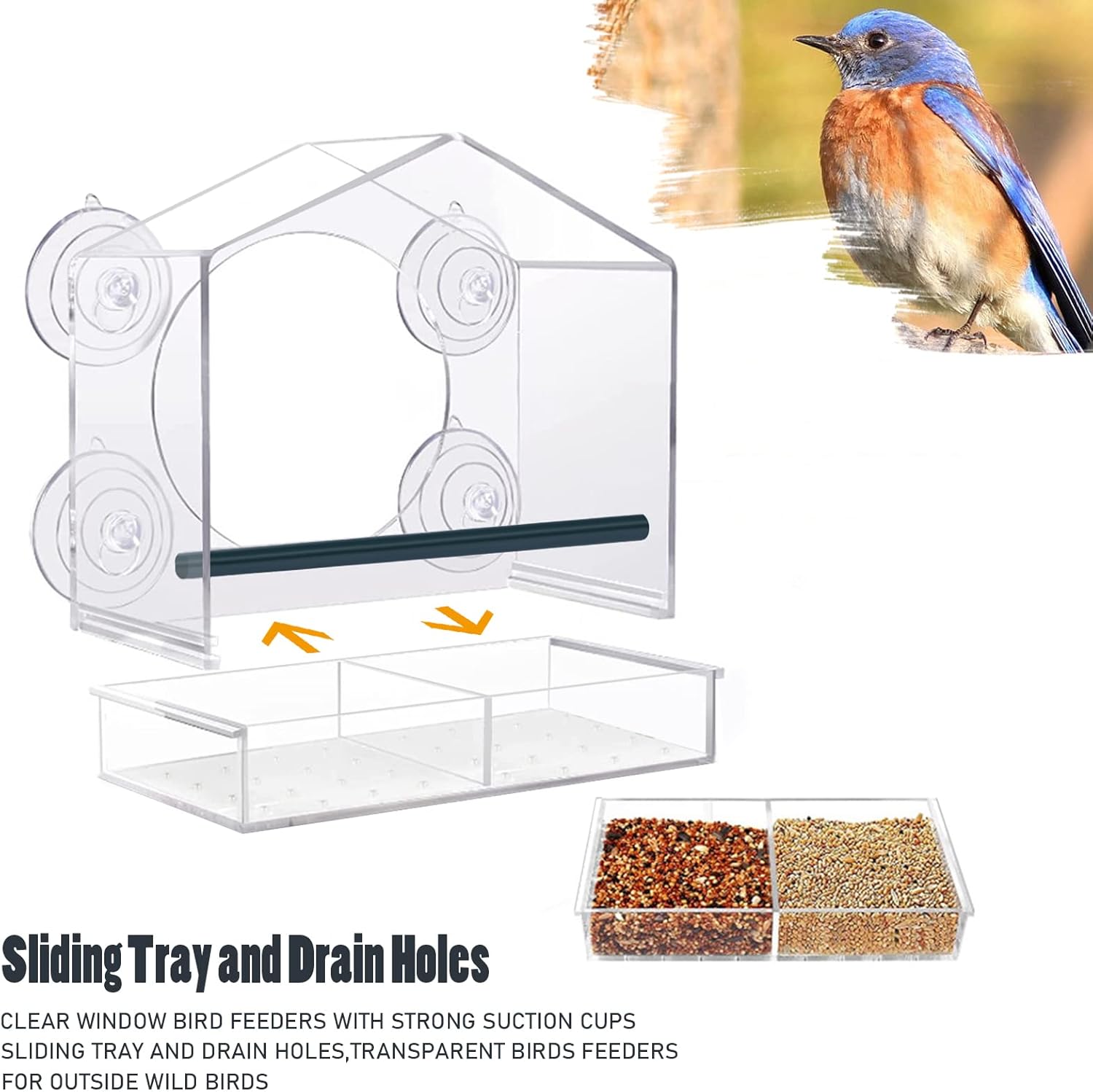 Comederos para pájaros de ventana, comederos de plástico transparente con 4 ventosas fuertes, bandeja deslizante y agujeros de drenaje para