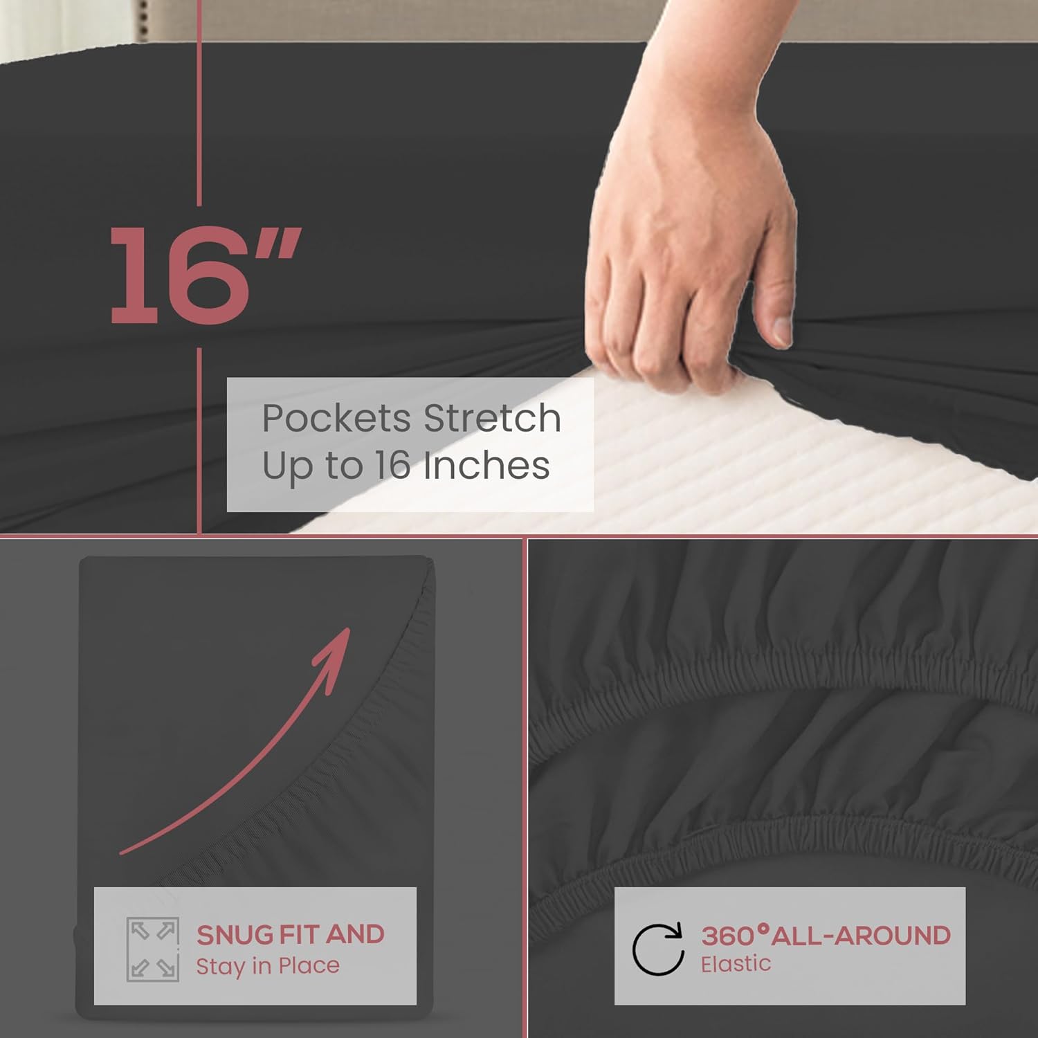Superity Linen Sábana bajera ajustable de algodón que absorbe la humedad para un sueño transpirable, seco y cómodo. 200 hilos (negro)