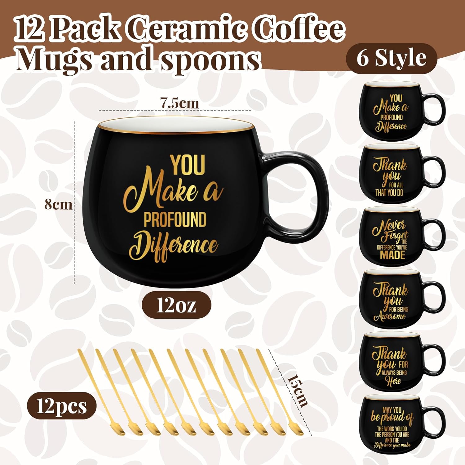 Tioncy 12 juegos de tazas de café de cerámica de 12 onzas con cucharas, regalo de graduación, regalos de agradecimiento a granel, tazas inspiradoras