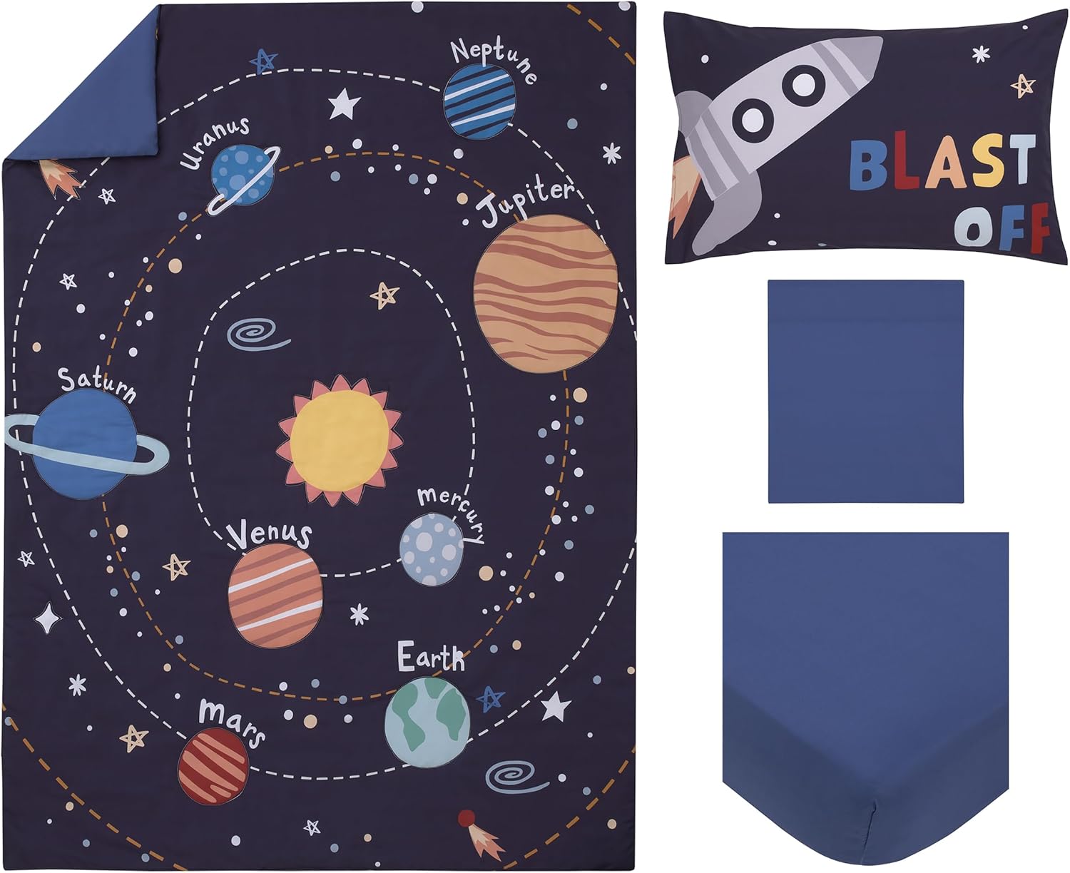 Everything Kids Solar System – Juego de ropa de cama infantil de 4 piezas, color azul marino, naranja y amarillo, edredón, sábana bajera ajustable,