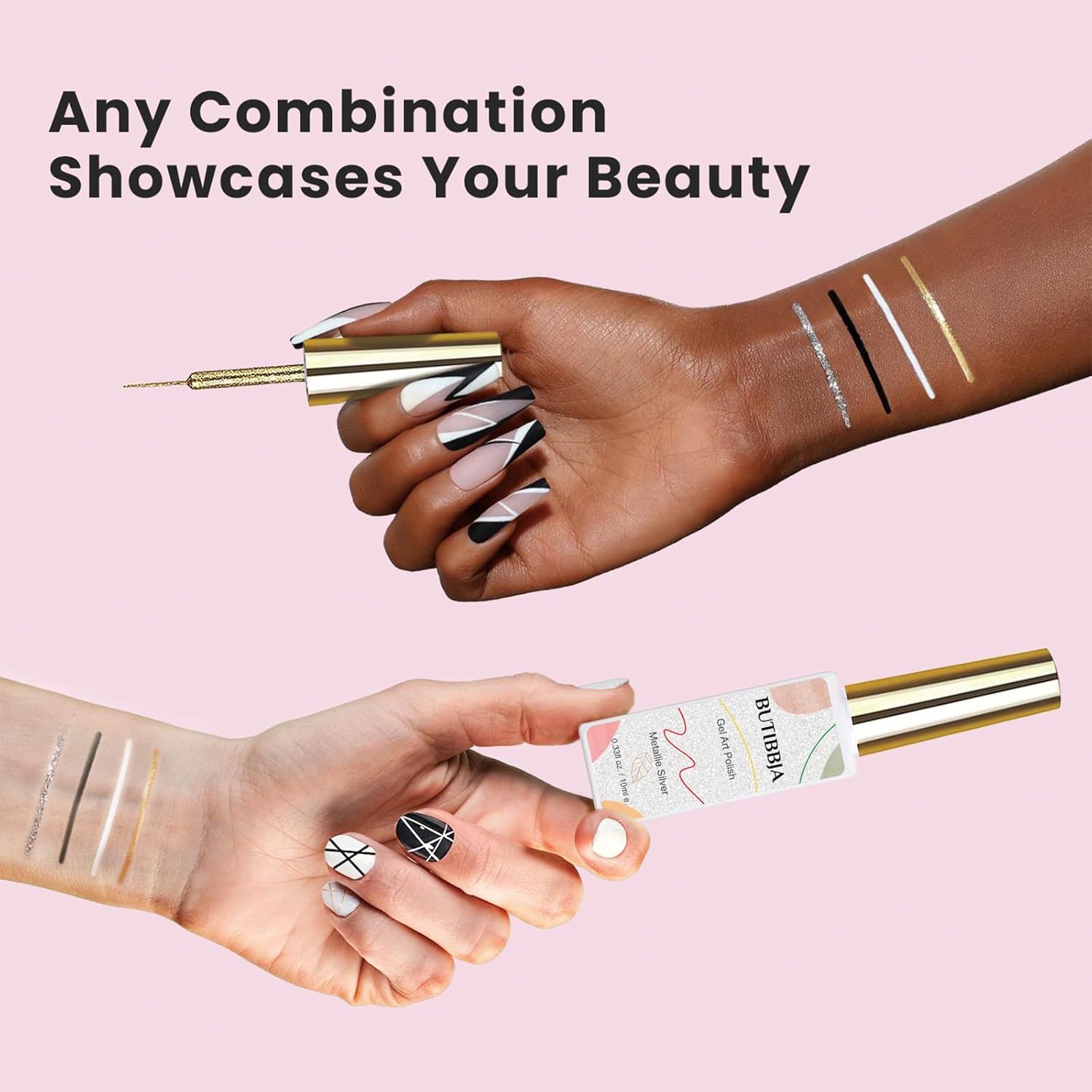 Juego de 4 esmaltes de gel para arte de uñas, colores negro, blanco, dorado, plateado, purpurina, forros de esmalte de uñas de gel con pincel fino