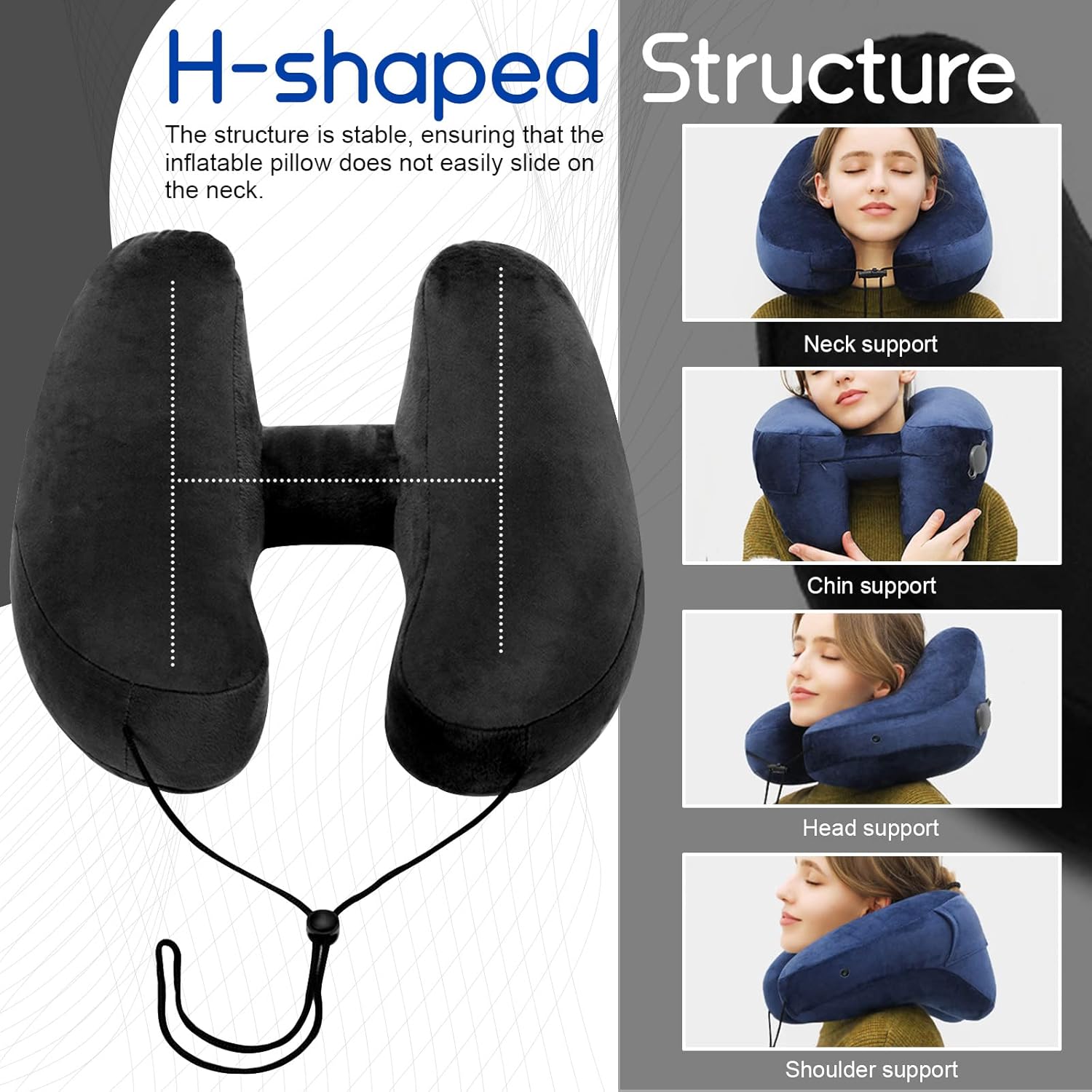Almohada inflable de viaje con capucha y bolsa de almacenamiento, almohadas suaves para el cuello para viajar, almohada de apoyo para la cabeza del