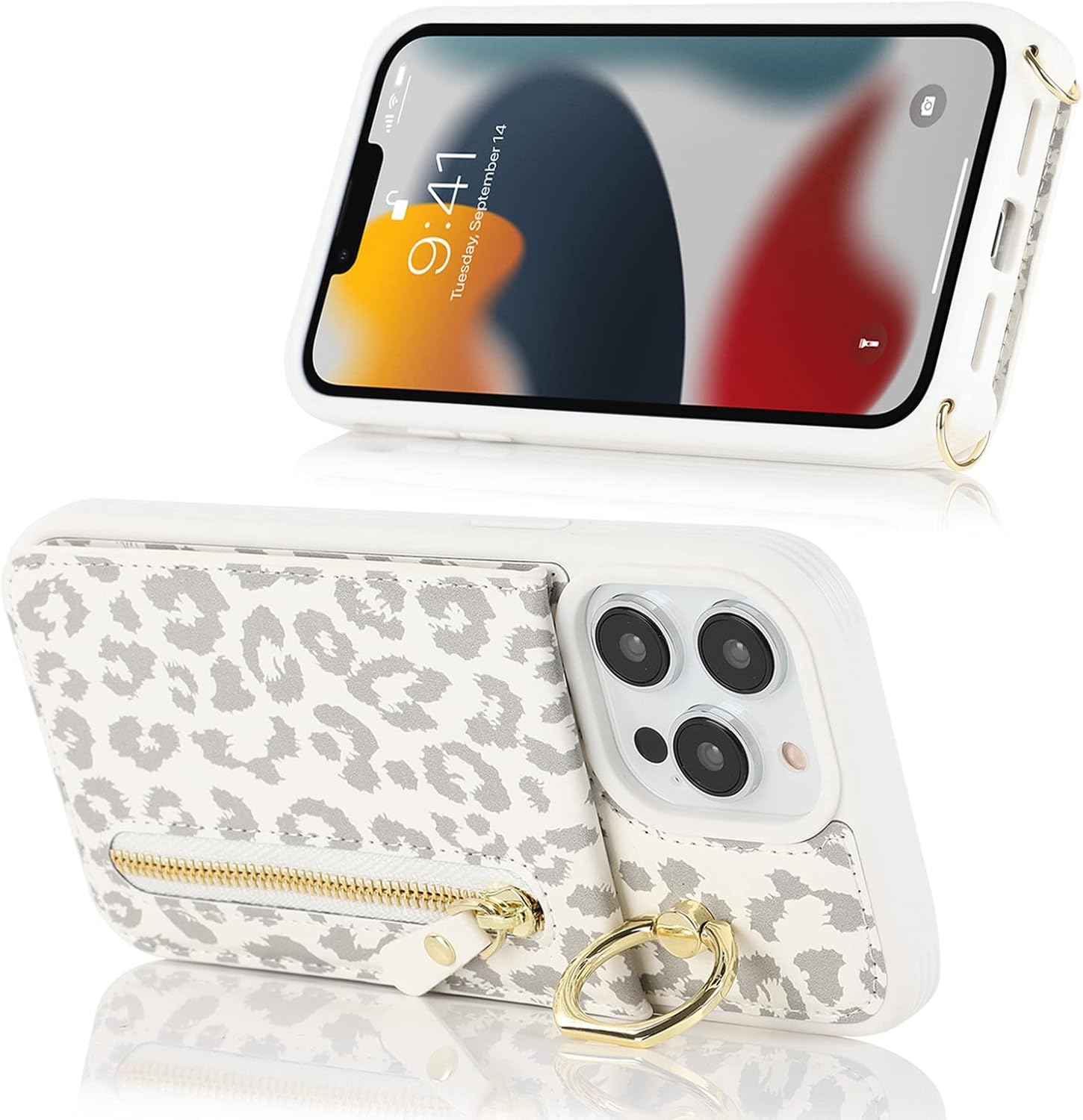 Jaorty Funda para iPhone 13 Pro para mujer con tarjetero, funda para iPhone 13 Pro con correa, funda cruzada con ranuras para tarjetas de crédito,