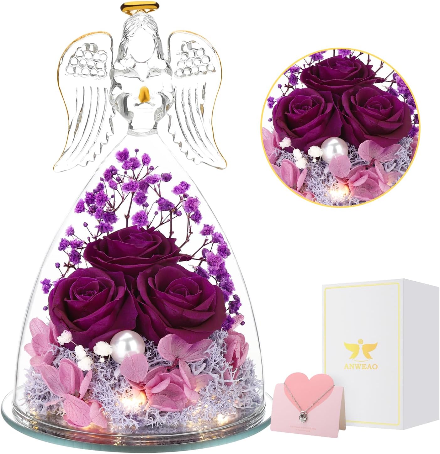 ANWEAO Regalos de rosas de flores en figuras de ángel de cristal, regalos de cumpleaños para mujeres, regalos de rosa para el día de la madre para