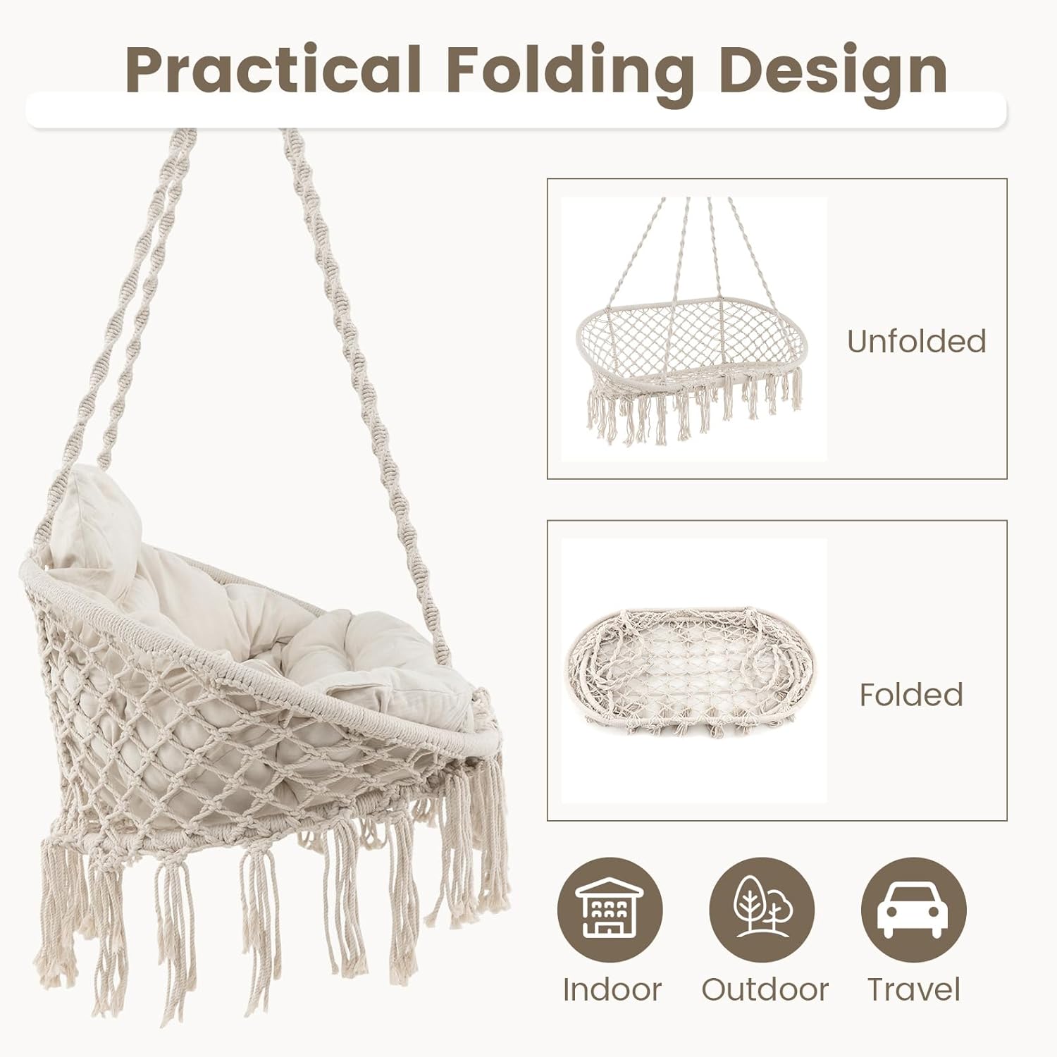 Giantex Hammock Chair, Macrame Hanging Chair with Removable Cushion, Romantic Tassels, Outdoor Indoor Rope Chair for Relax in Bedroom, Porch,
