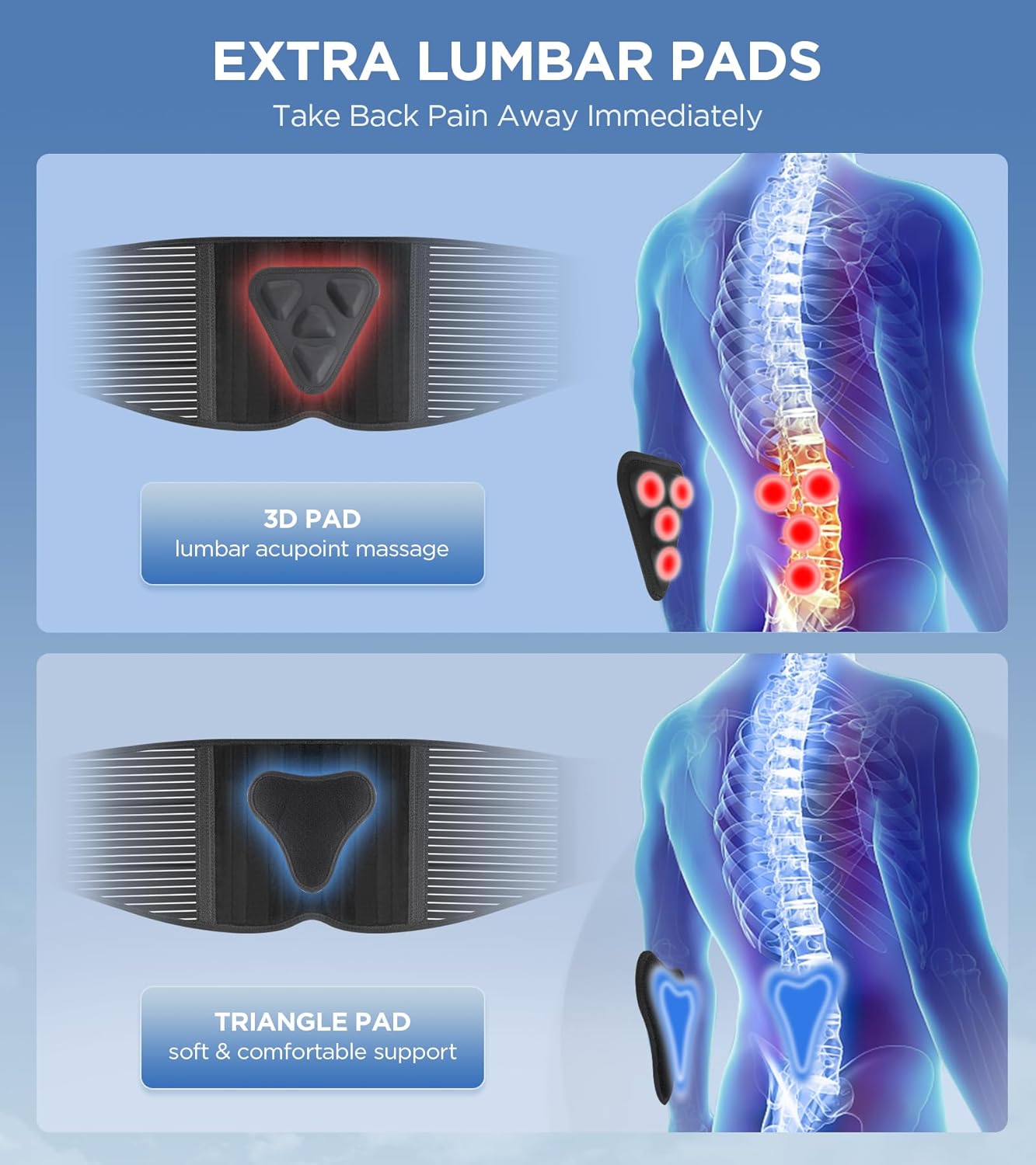 Soporte de espalda para aliviar el dolor de espalda baja con almohadilla lumbar 3D, cinturón de apoyo de espalda 6X con tiras alternativas para