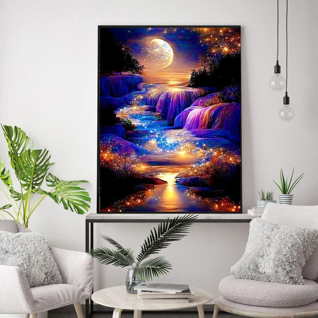 WUSARPLY Kits de pintura de diamantes con luz de luna para adultos, kit de arte de diamantes de paisaje nocturno, pintura de puntos de diamante con