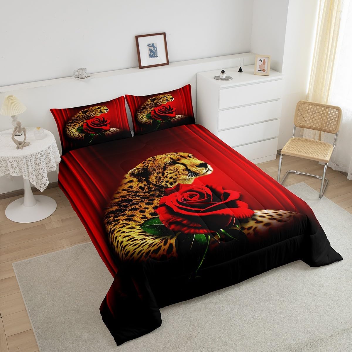 Erosebridal Juego de ropa de cama con diseño de rosa de guepardo, juego de edredón abstracto degradado, tamaño Queen, estampado de leopardo, flores,