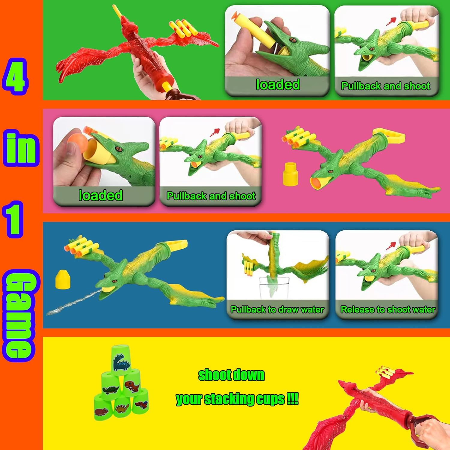 Ziguyba Juguete de arco y flecha de dinosaurio, juguete de pterosaurio 4 en 1, pistola de juguete de dinosaurio, pistola de agua, juego de tiro con