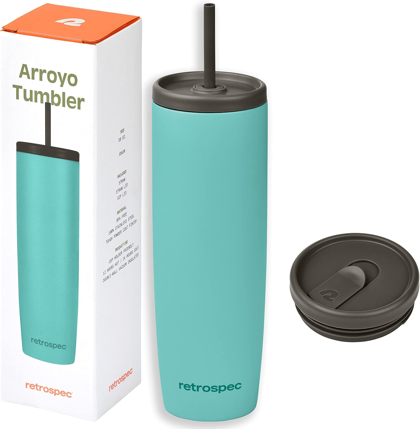 Retrospec Arroyo – Vaso térmico de acero inoxidable con tapa y pajita, reutilizable, aislado y reutilizable, taza de viaje para café helado, vasos