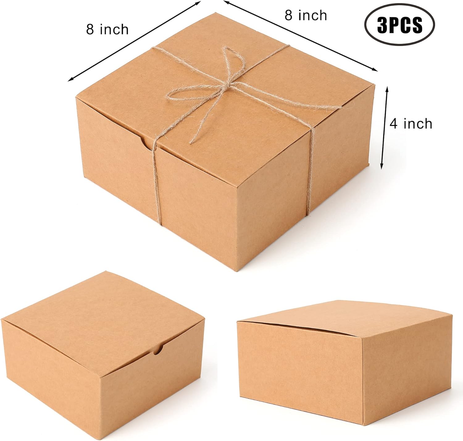 Dekun Paquete de 3 cajas de regalo marrones de 8 x 8 x 4 pulgadas, fáciles de montar, reciclables, propuesta de dama de honor, cajas de papel kraft