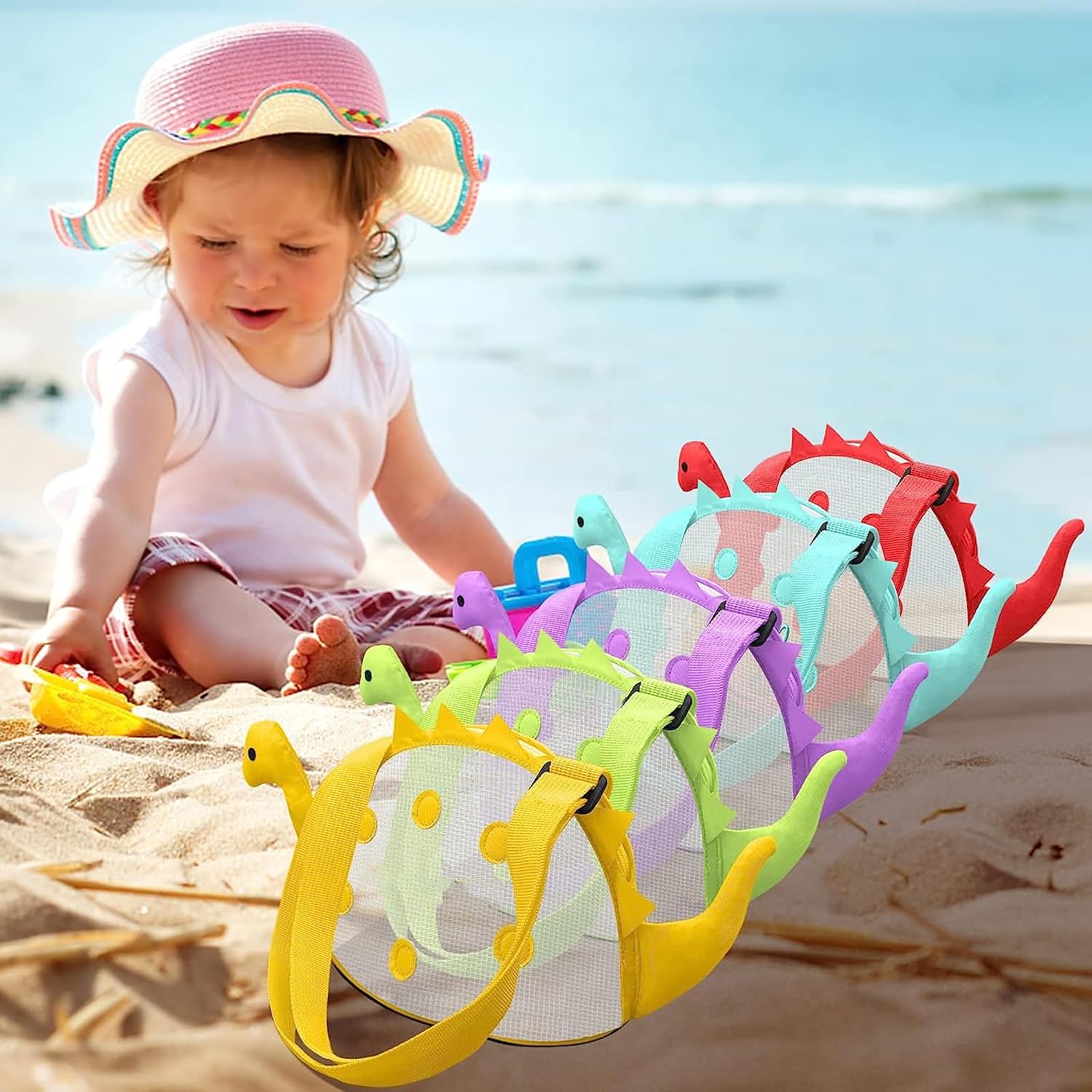 Bolsa de playa de malla para juguetes de playa, bolsa de recolección de conchas para niños, bolsa de juguetes de playa de dinosaurio para sostener