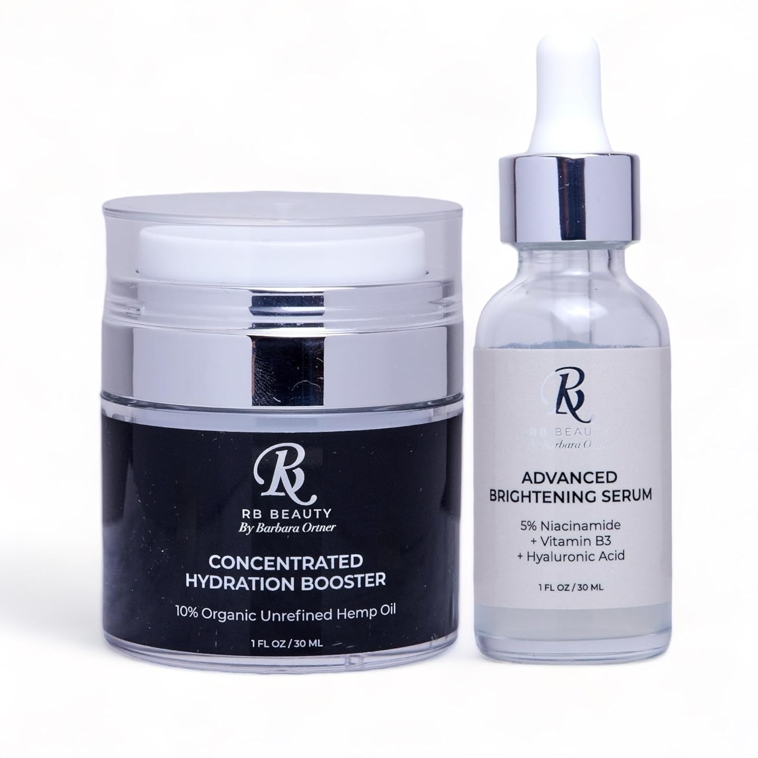 RB Beauty Advanced Brightening Serum + Concentrated Hydration Booster. Vitamina B3, suero facial multiacción y crema de cáñamo para hidratar y