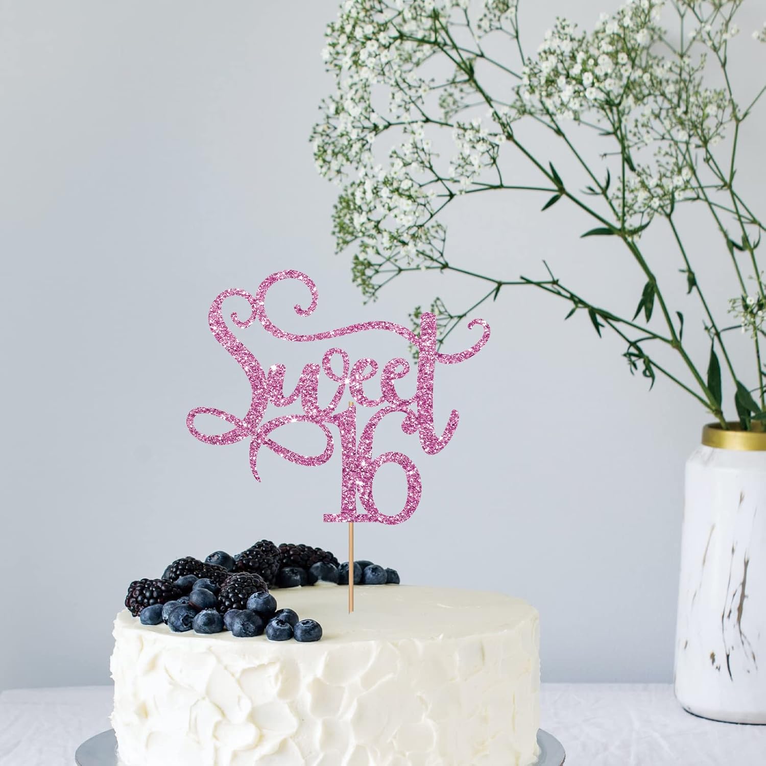 Decoración para tartas Pink Sweet 16, decoración para tarta de cumpleaños de 16 años con purpurina, decoración para tartas de 16 años de edad de