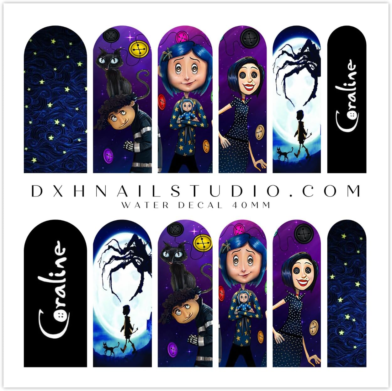 Calcomanías de uñas de Halloween bonitas y espeluznantes Coralines, botones de transferencia de agua, arte de uñas para acrílico, gel X, extensiones