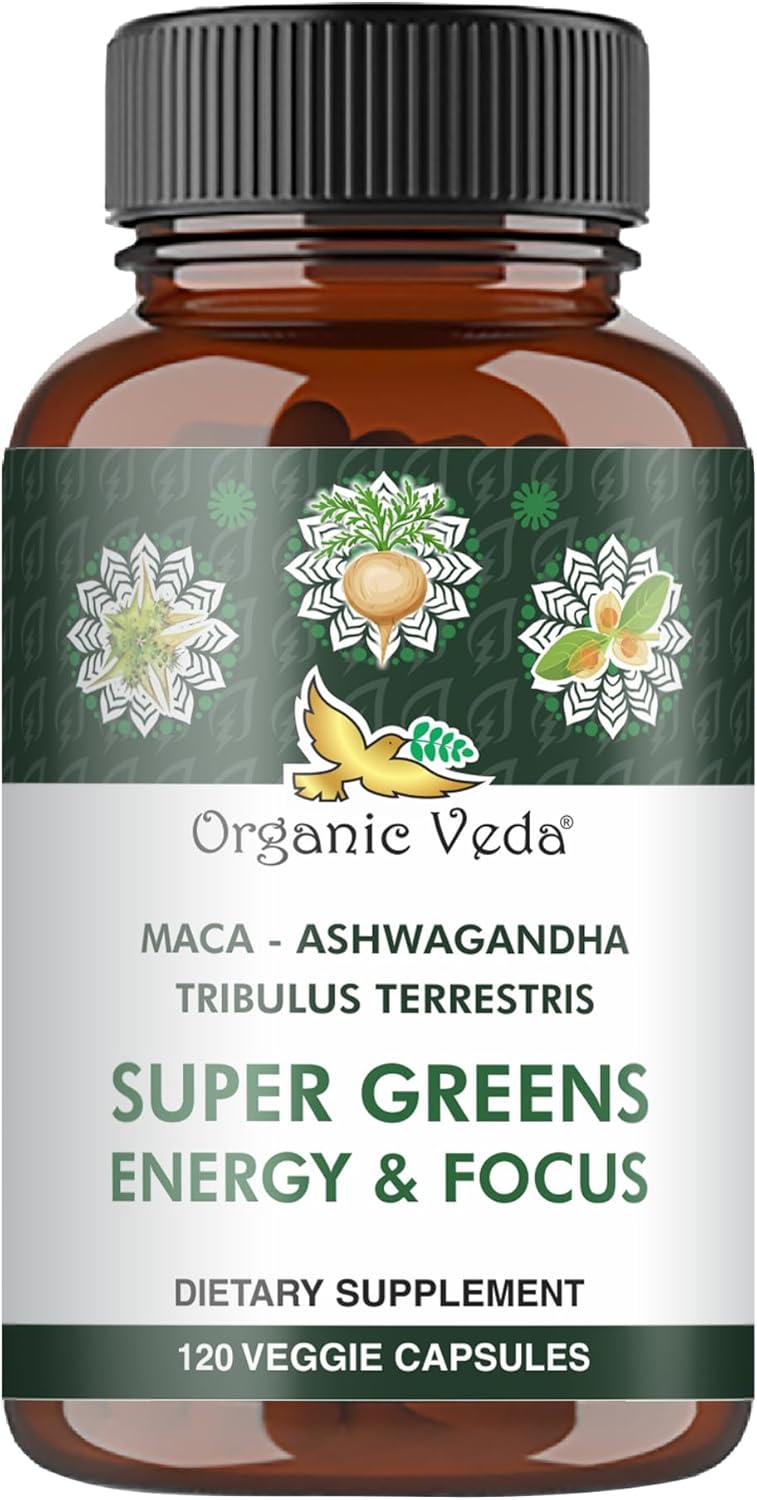 Organic Veda Ashwagandha – Cápsulas de raíz de maca para hombres  Super Greens Energy and Focus with Tribulus Terrestris, fenogreco  Potenciador de