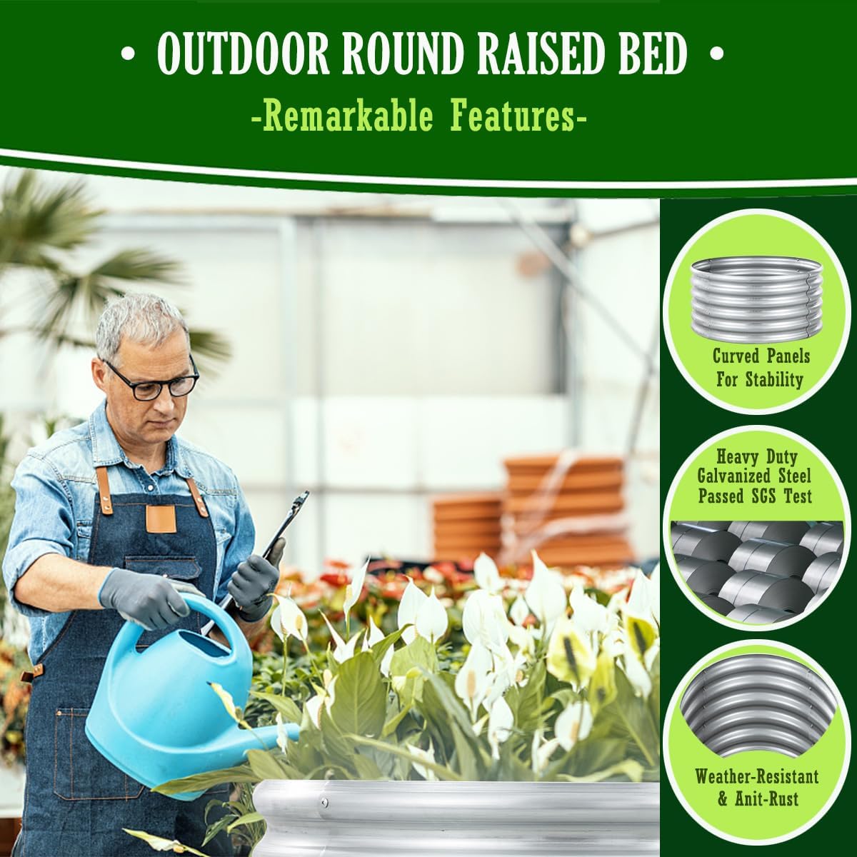 SUFUS Kit de cama de jardín redonda de acero galvanizado elevado, macetas de metal de 4 pies, cajas de jardín para exteriores con bordes de