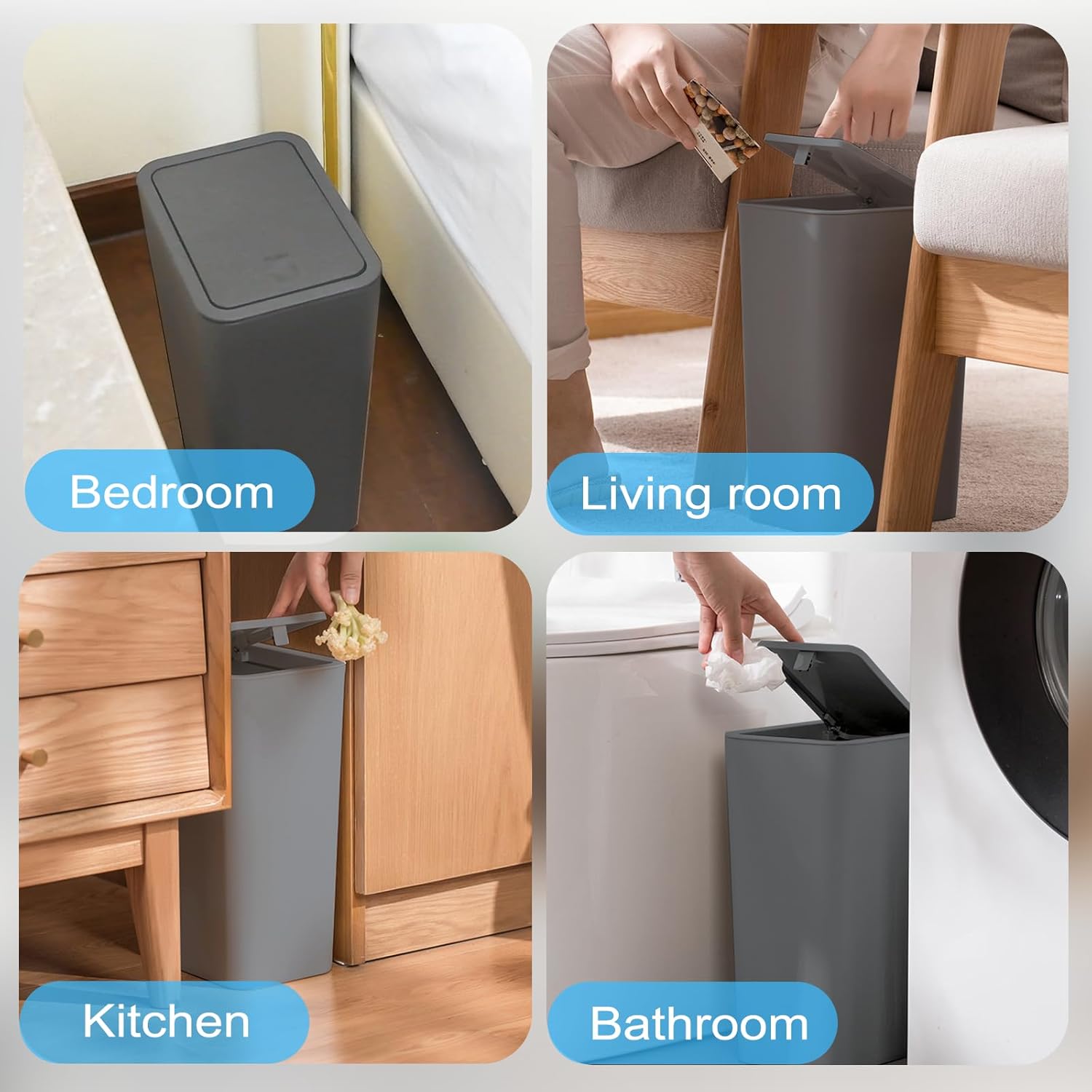 Paquete de 3 cubos de basura pequeños para baño con tapa, papelera delgada de 10 litros2.6 galones con tapa desplegable para dormitorio, oficina,