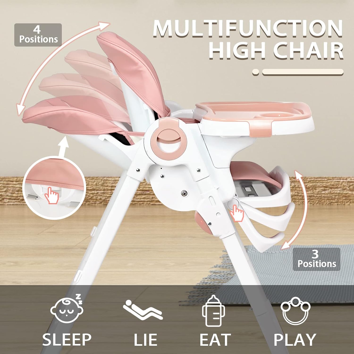 Silla alta plegable 4 en 1, silla alta portátil y compacta ajustable para bebés y niños pequeños, múltiples alturas y posiciones para regalos de