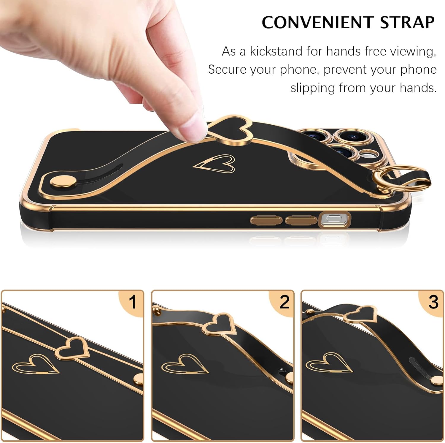 BENTOBEN Funda compatible con iPhone 15 Pro Max, iPhone 15 Pro Max con correa ajustable para la muñeca, soporte de apoyo de lujo con bonito corazón