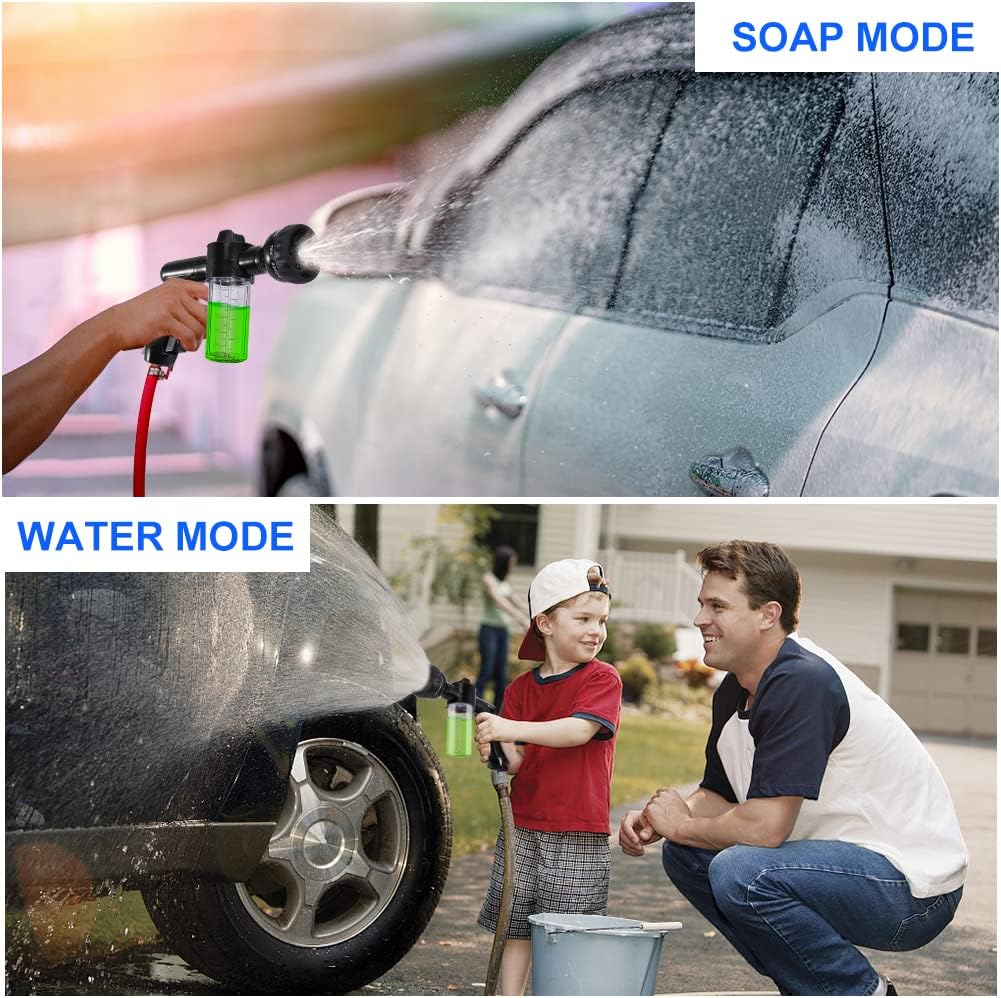 Boquilla de lavado de autos, boquilla de manguera de alta presión, pulverizador de 8 patrones de manguera con 2 dispensadores de jabón de 3.5 onzas