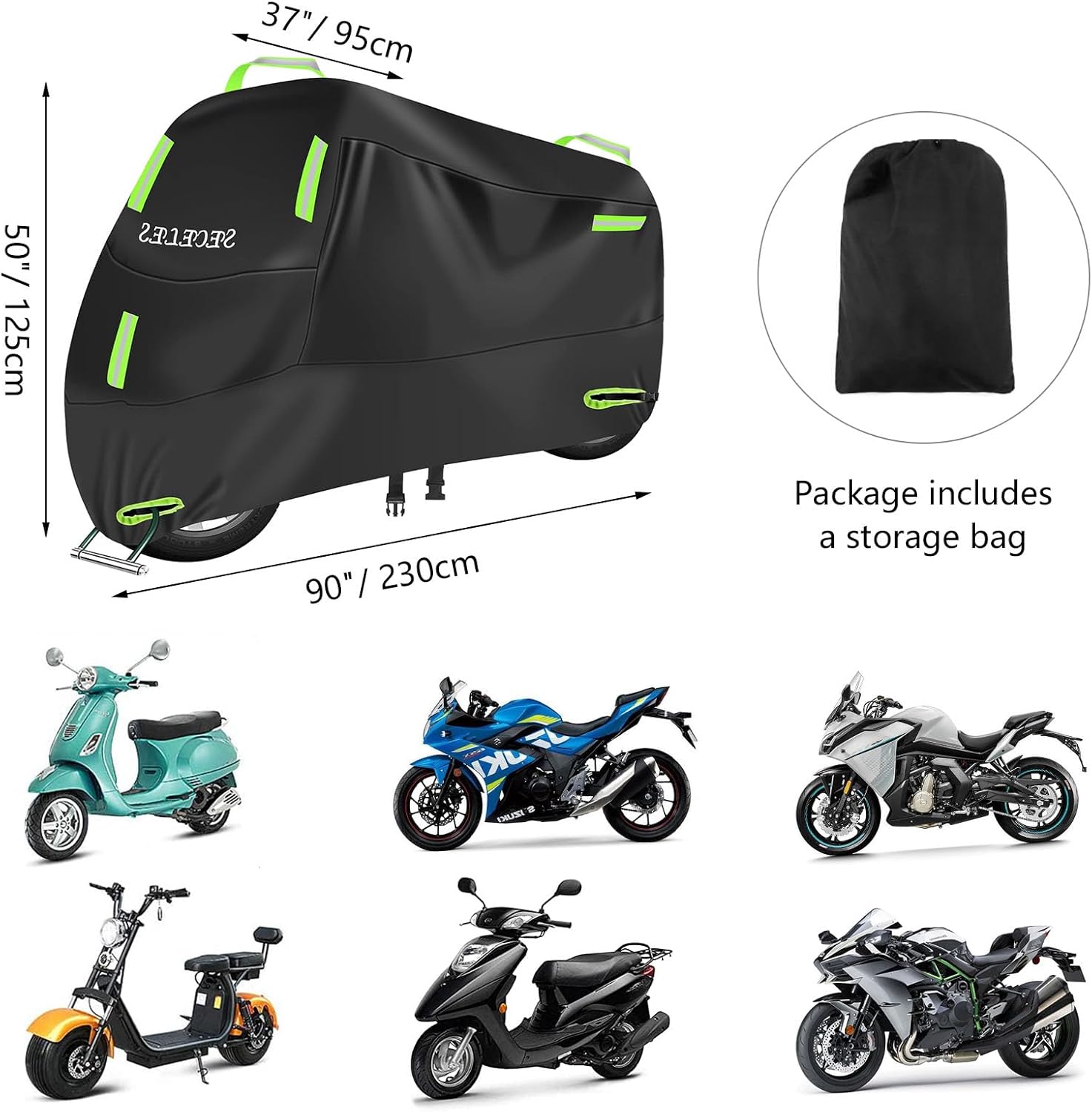 Funda para motocicleta 300D, resistente, duradera, impermeable, para exteriores, protección para todas las estaciones, con 7 tiras reflectantes y 2