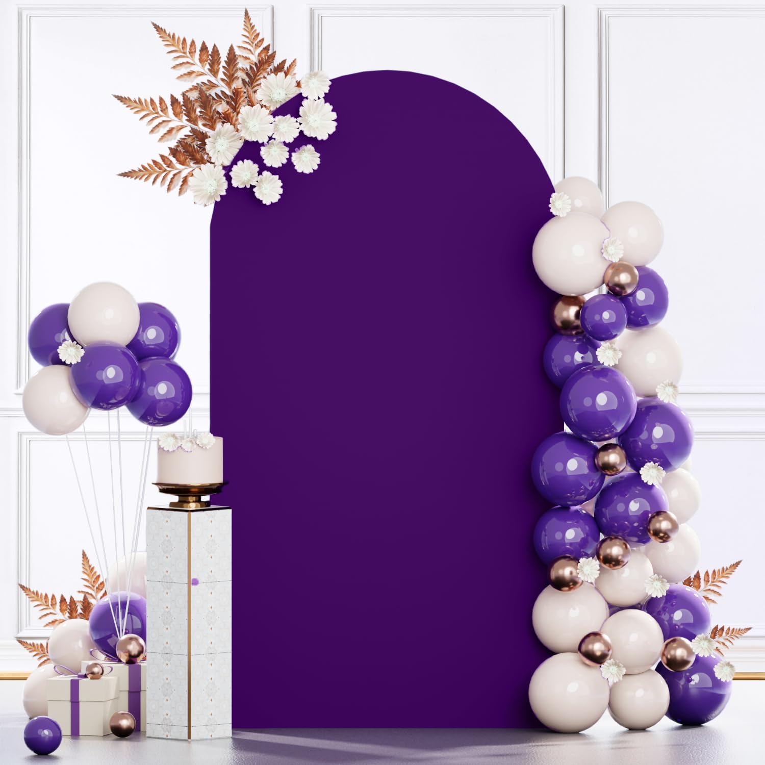 Cubierta de arco de boda morada de 2.6 x 6 pies, tela de elastano, cubierta de soporte de arco superior, cubierta de arco único, tela de telón de