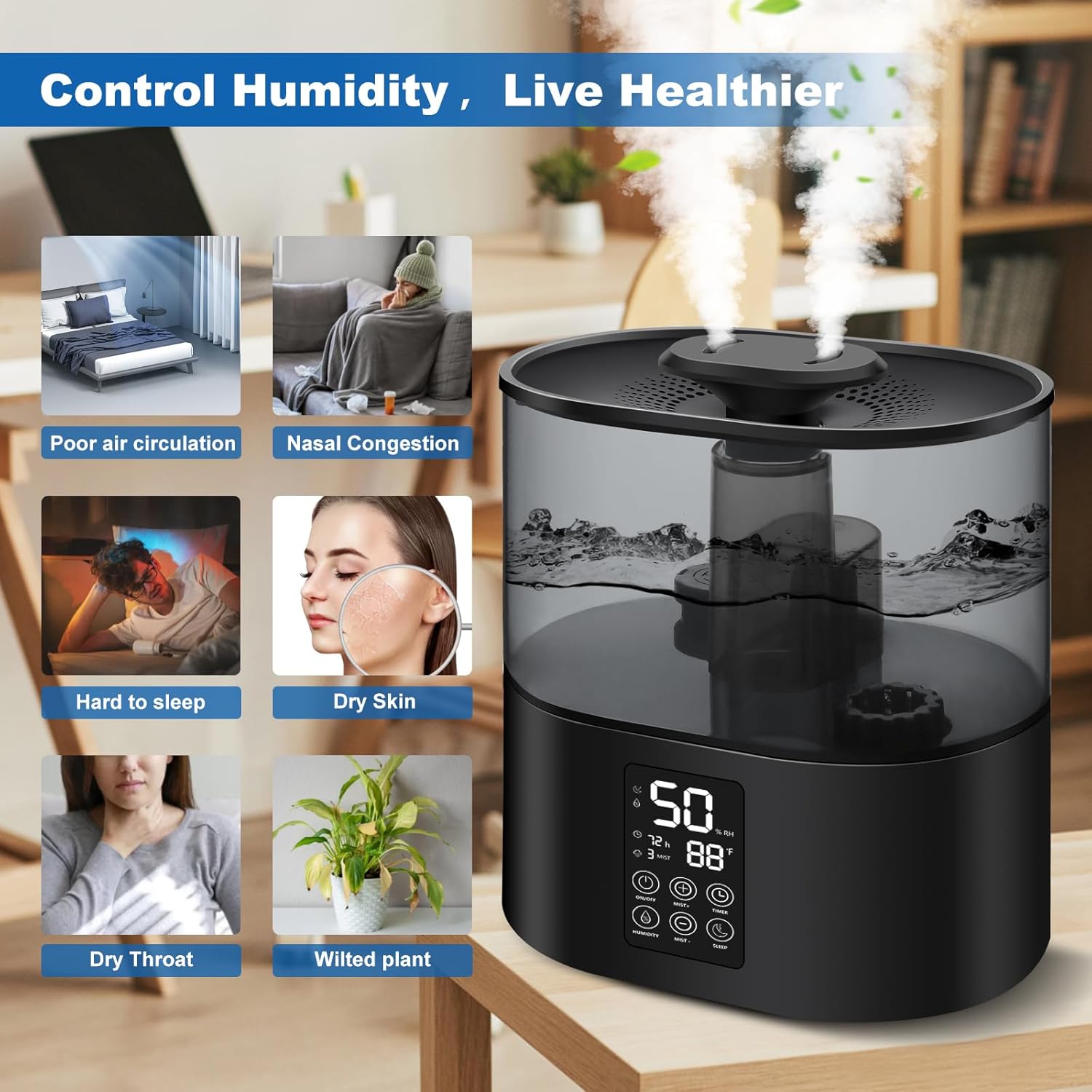Humidificadores de 3.2L para dormitorio y plantas, humidificadores ultrasónicos de niebla fría para el hogar, humidificadores de escritorio de