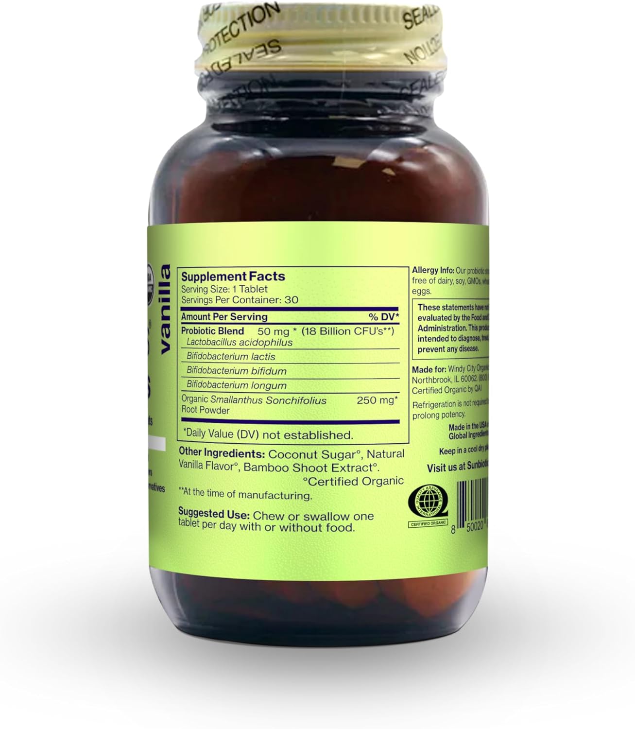Sunbiotics Tummy Tabs – Probiótico de vainilla con prebióticos 18 mil millones de UFC, 4 cepas probióticas, suplemento probiótico diario, sin OMG,