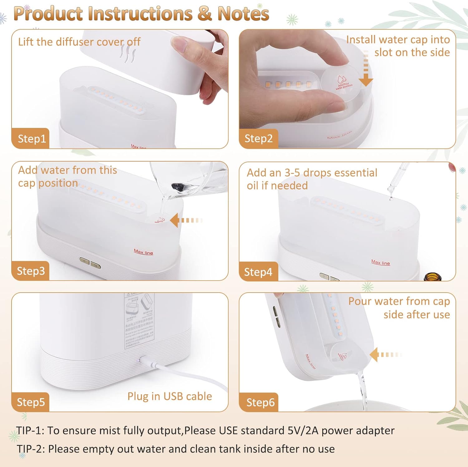 PLUWEL Difusor de llama humidificador, apagado automático de 6.1 fl oz, difusor de aceite esencial, 2 modos de brillo, humidificador de aroma con