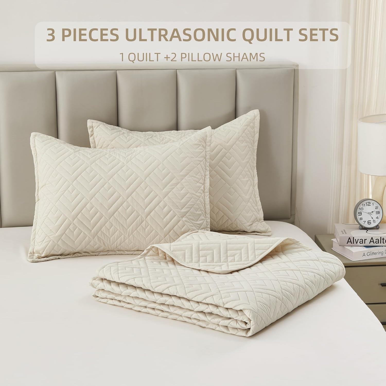 Litanika Juego de ropa de cama tamaño California King, colcha geométrica ultrasónica beige, colcha ligera y suave con patrón de cuadros modernos