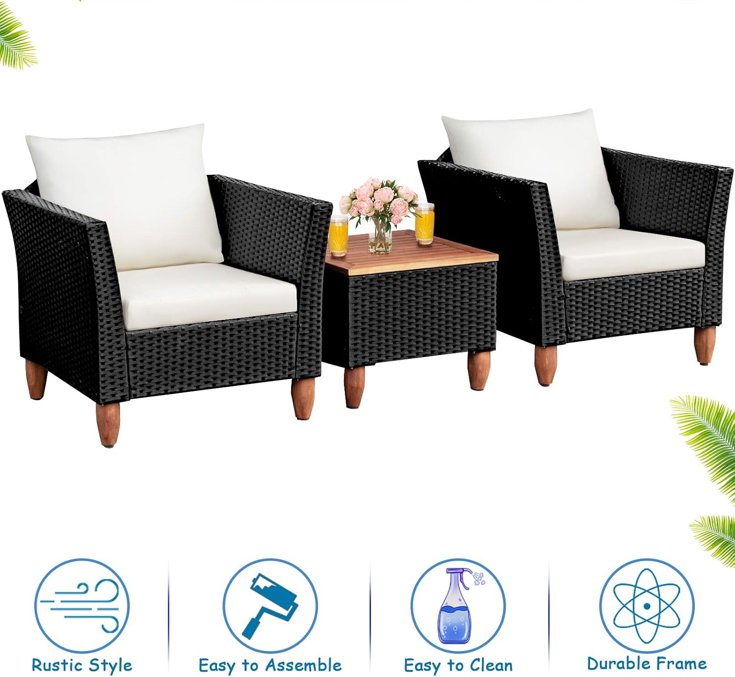 COSTWAY Juego de muebles de ratán de patio al aire libre 3PCS sofá acolchado de madera blanco