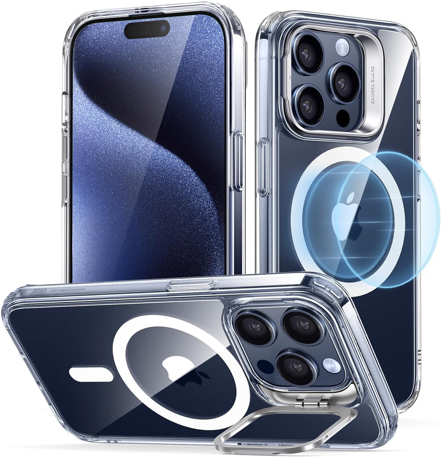ESR Funda para iPhone 15 Pro, compatible con MagSafe, funda protectora de grado militar, funda de teléfono con soporte integrado, cubierta trasera
