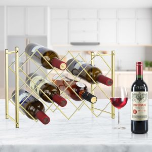 TOBUSA Estante de vino dorado para encimera, moderno estante de vino independiente, soporte para 10 botellas de vino de diseño simple, estante de TOBUSA Estante de vino dorado para encimera, moderno estante de vino independiente, soporte para 10 botellas de vino de diseño simple, estante de