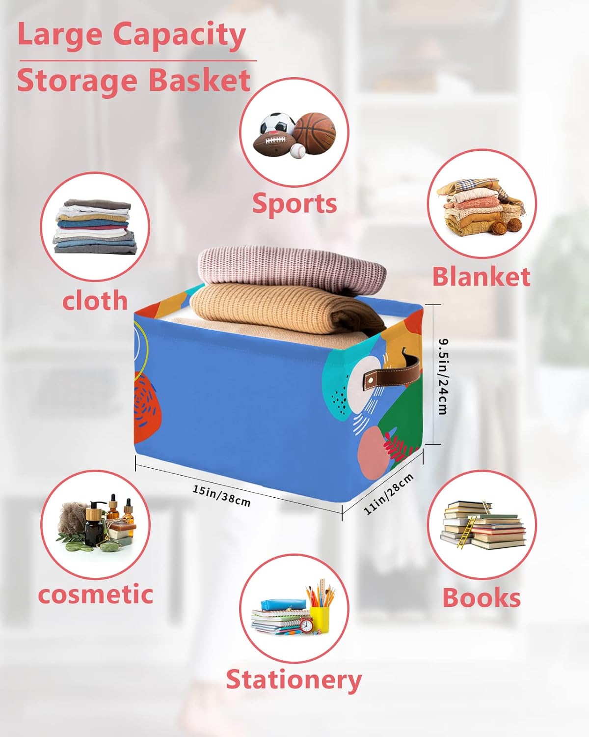 Middle Century Storage Basket for Organizing Shelves, Collapsible Storage Bins Boxes with Handle, Modern Colorful Boho Geometric Botanical Canvas