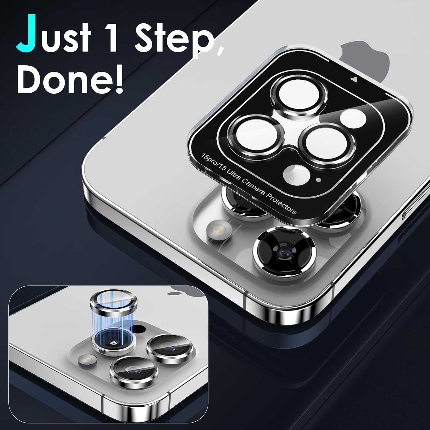 YWXTW Protector de lente de cámara para iPhone 15 ProiPhone 15 Pro Max, bandeja de instalación de 1 paso Protector de pantalla de vidrio templado,