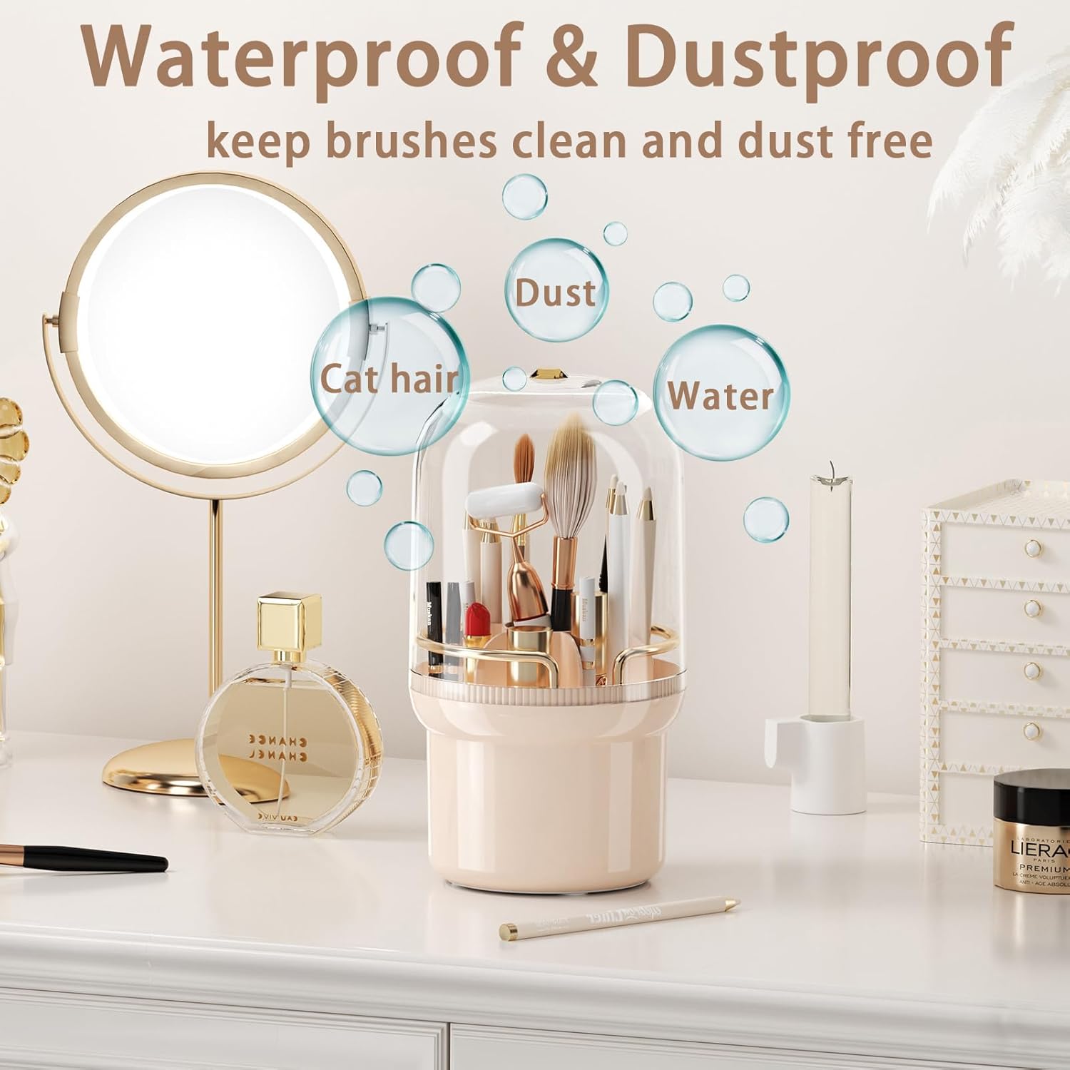 Organizador de brochas de maquillaje con tapa, almacenamiento giratorio de 360 brochas de maquillaje, adecuado para cosméticos de tocador, bolígrafo