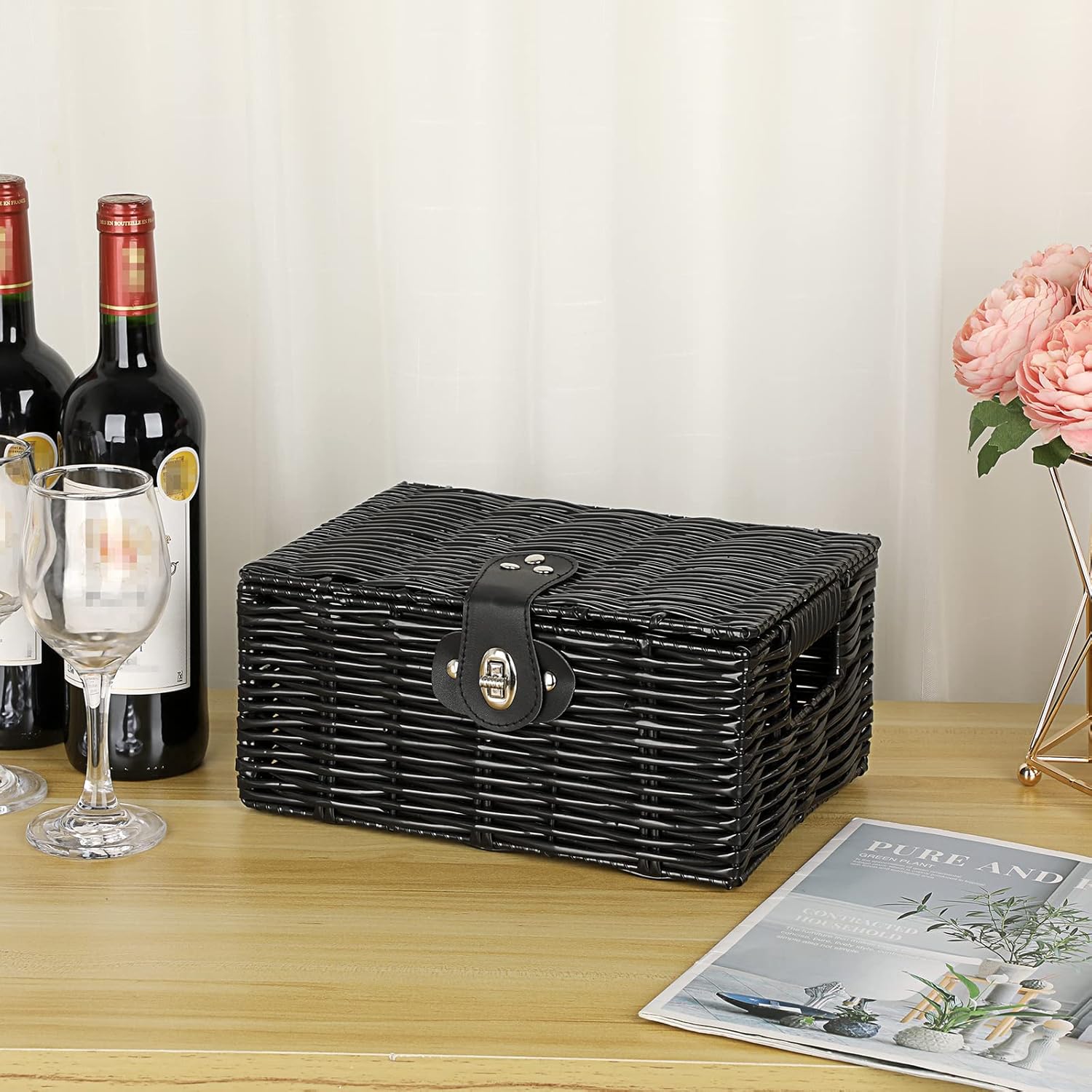 Hipiwe Cajas de almacenamiento decorativas con tapas y cerradura, cesta tejida negra, asas de transporte integradas, cesta de plástico con tapa,