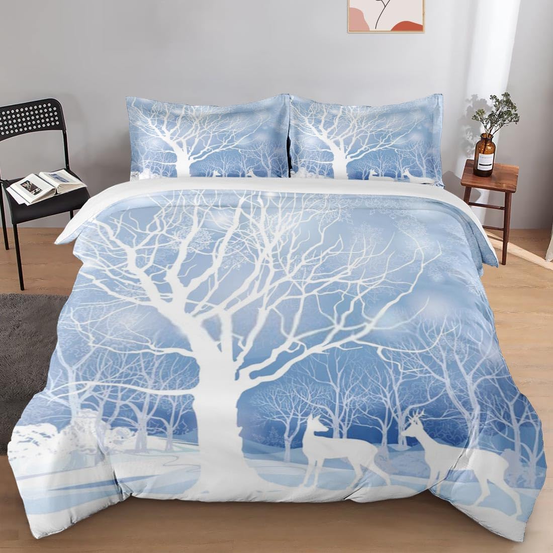 Juego de funda de edredón, juego de ropa de cama de árbol de invierno de nieve para niños y adultos, decoración de dormitorio, juego de funda de