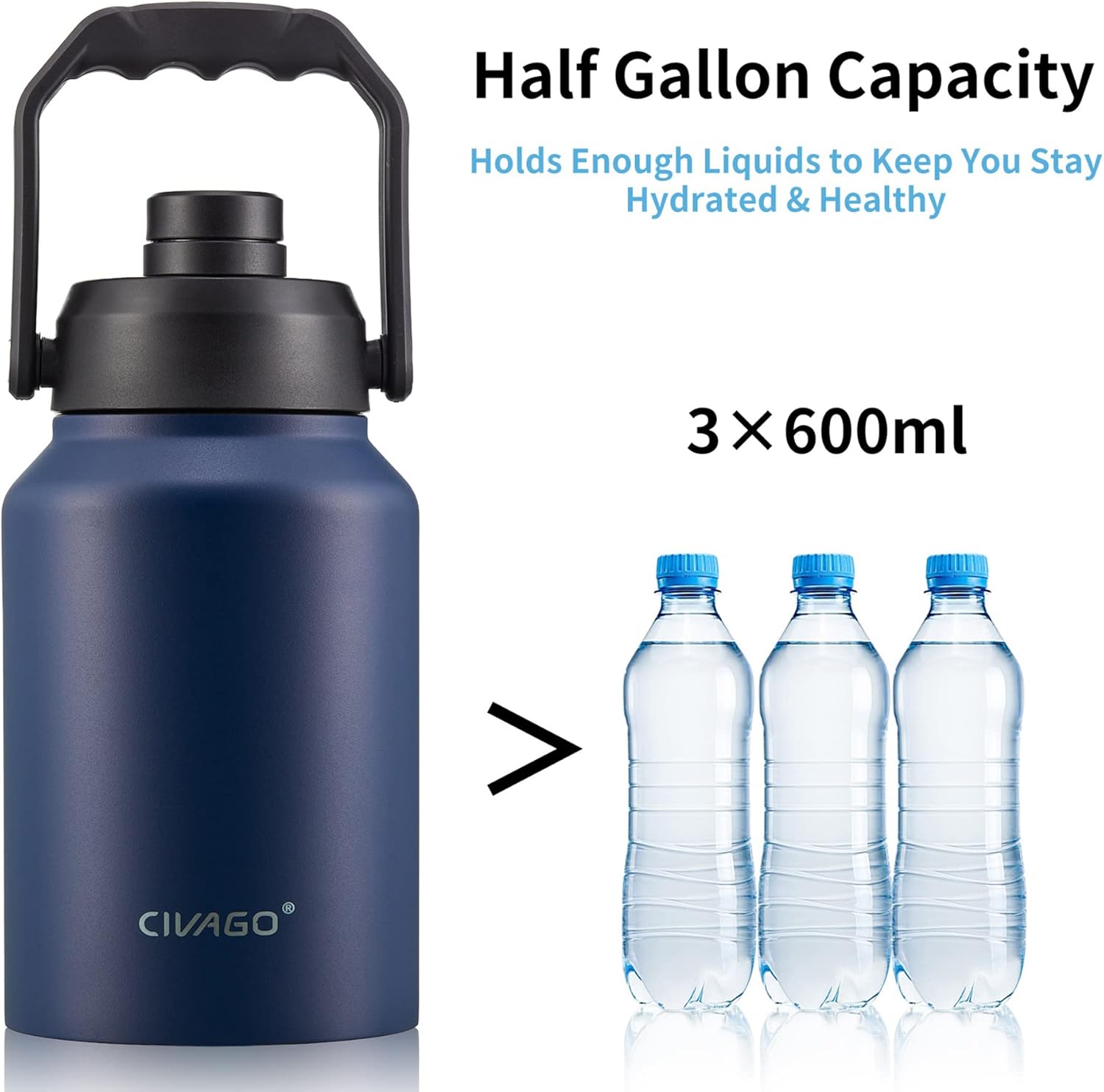 CIVAGO Botella de agua aislada de medio galón, frasco de agua deportivo de acero inoxidable de 64 onzas, taza térmica grande con soporte para bolsa