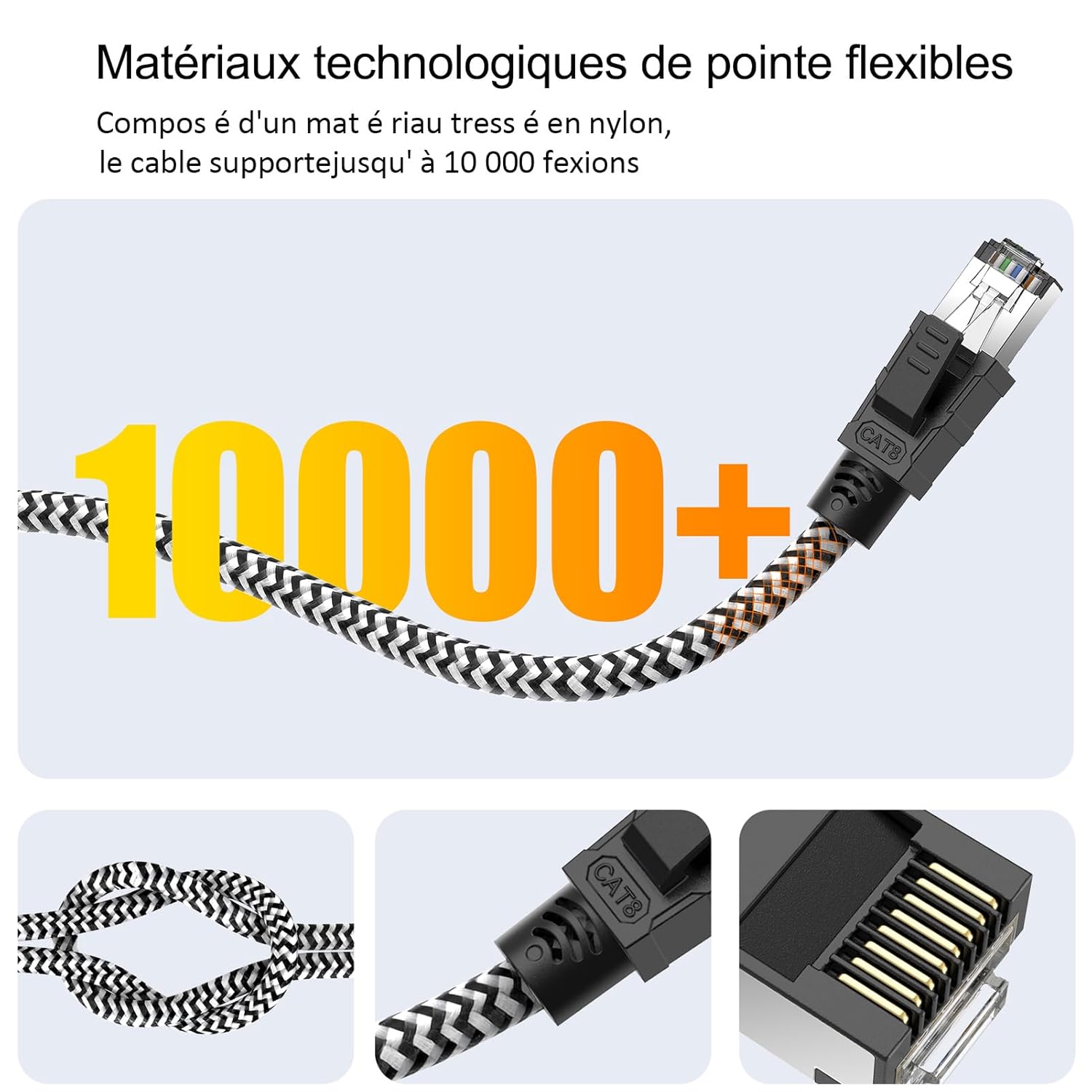 Qiuean Cable Ethernet Cat 8 de 5 pies  Nylon trenzado de alta velocidad 40Gbps 2000Mhz  Cable de conexión LAN blindado, cable LAN SFTP cable de red