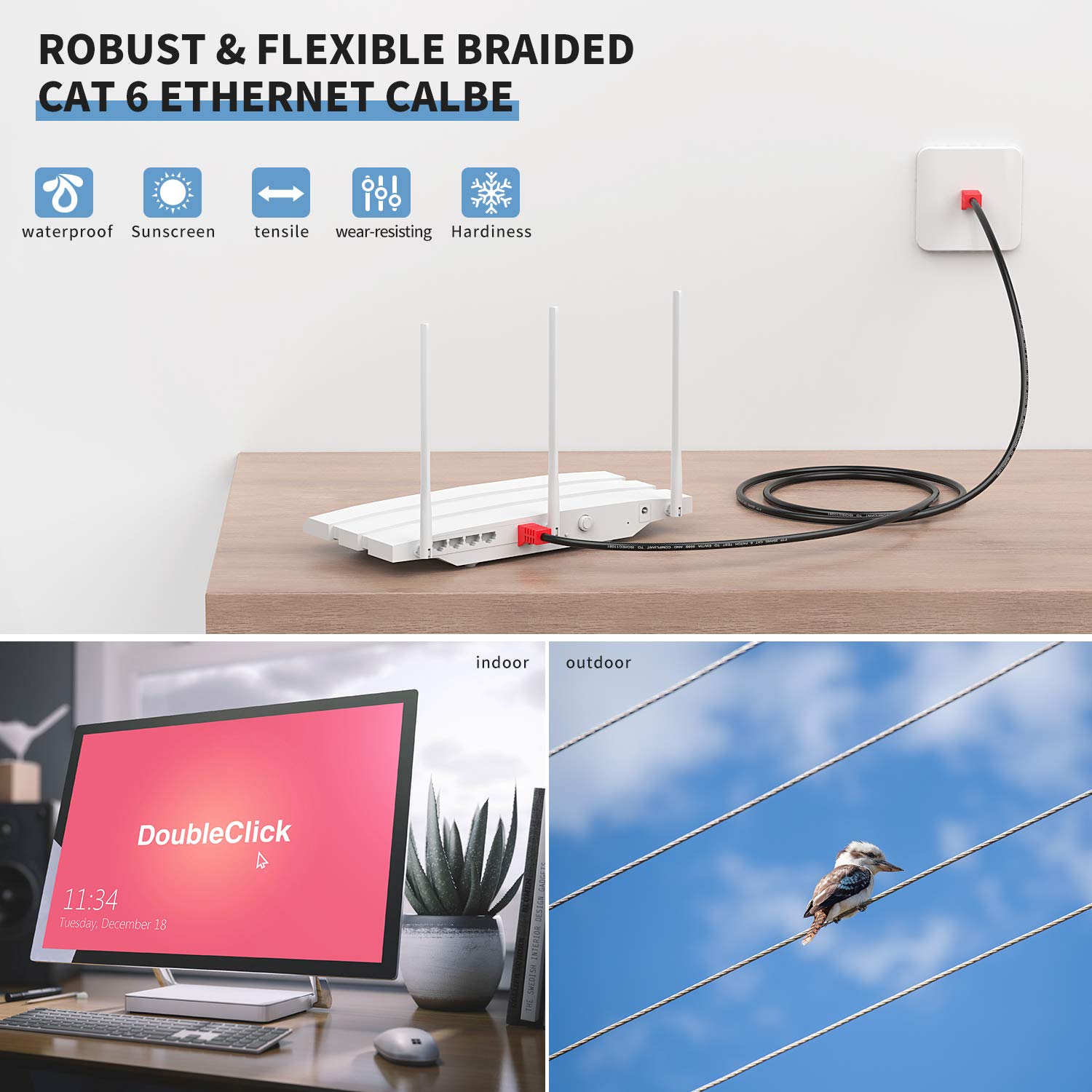 Cable Ethernet Cat 6 para exteriores, 400 pies, cable de red Cat6, resistente al agua, 26 AWG, cable de conexión RJ45, cable LAN FTP, enterramiento