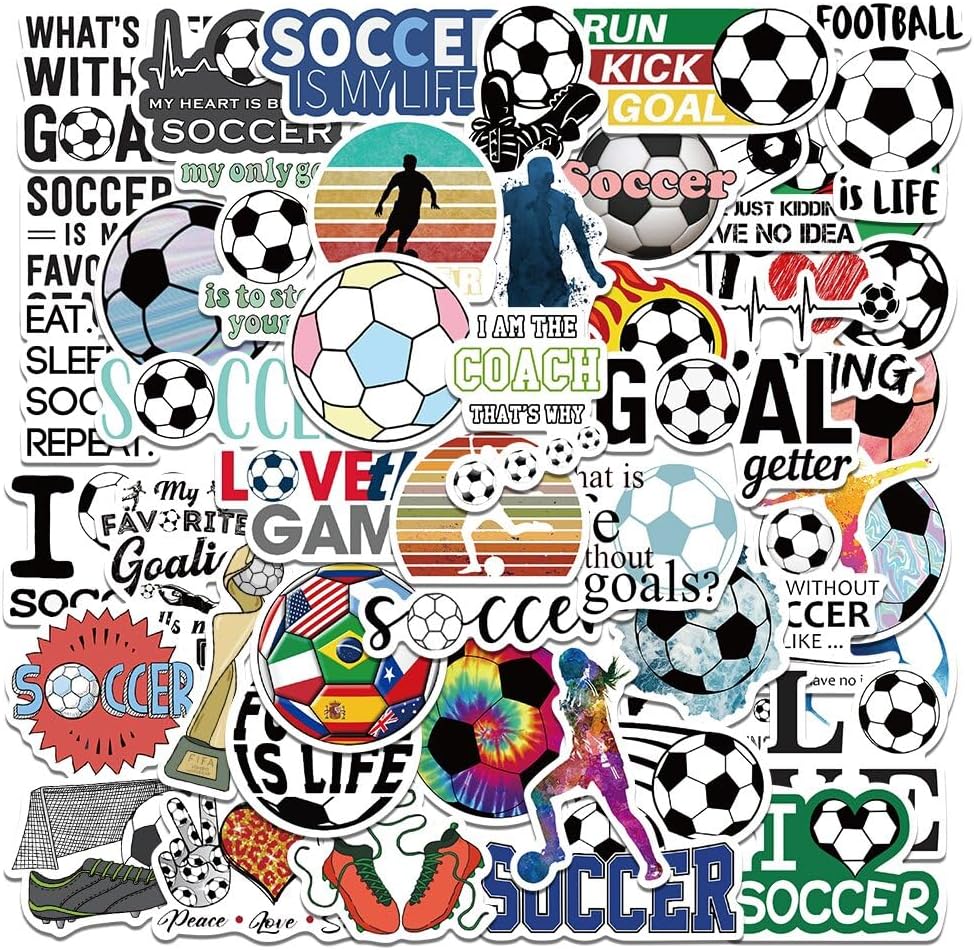 Calcomanías deportivas de fútbol, accesorios de fútbol, 50 calcomanías impermeables de vinilo de FDCcX para botella de agua, laptop, bicicleta,