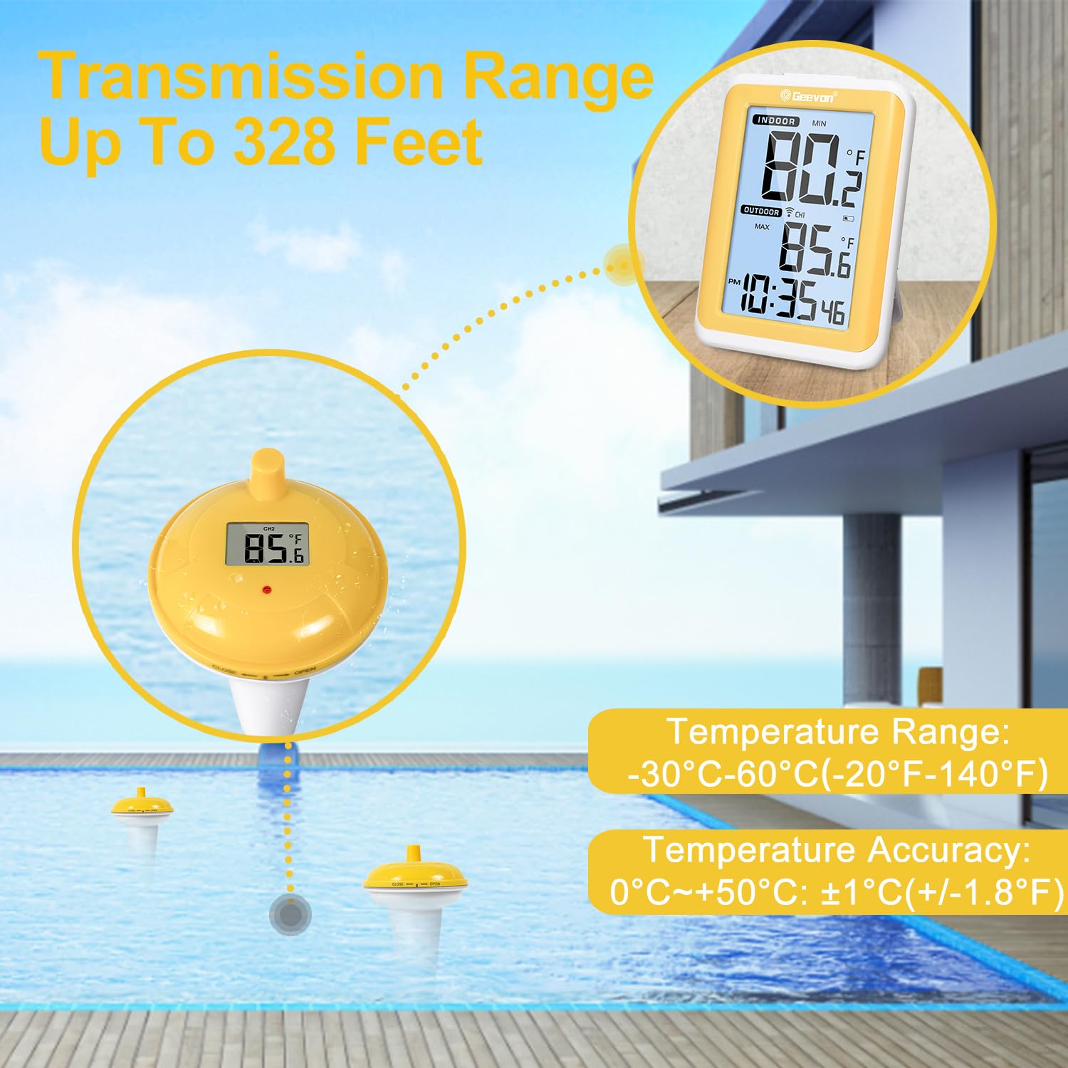 Geevon Termómetro flotante de fácil lectura con pantalla grande, termómetro digital impermeable mejorado para piscina, estanques pequeños,