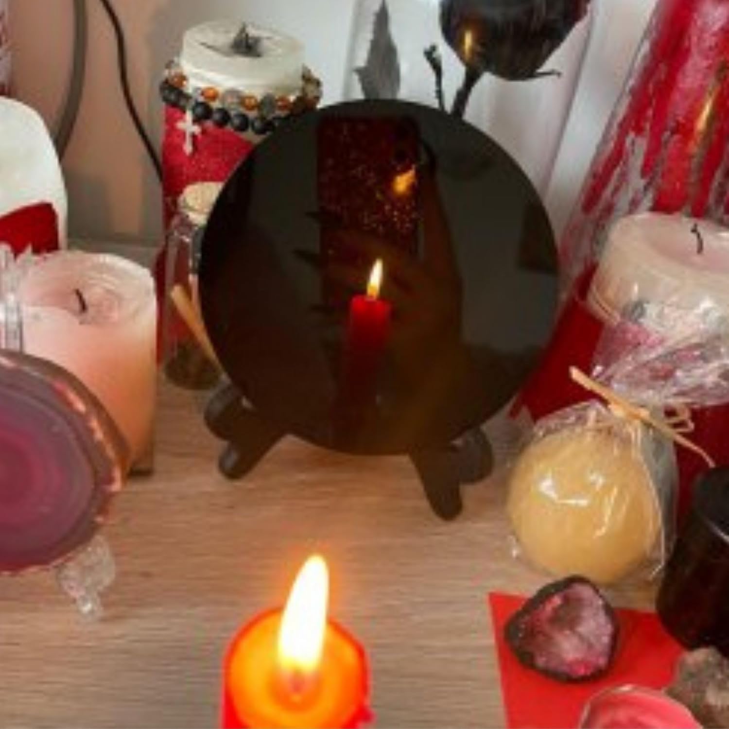Espejo rascador de obsidiana negra natural con soporte de madera de 3.15 pulgadas, cristales curativos para brujería, adivinación, meditación y
