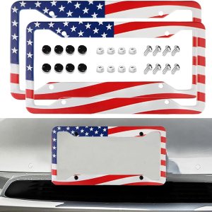 2 marcos de matrícula de automóvil con bandera estadounidense con tornillos, juego de accesorios decorativos de metal con 4 agujeros, cubiertas 2 marcos de matrícula de automóvil con bandera estadounidense con tornillos, juego de accesorios decorativos de metal con 4 agujeros, cubiertas