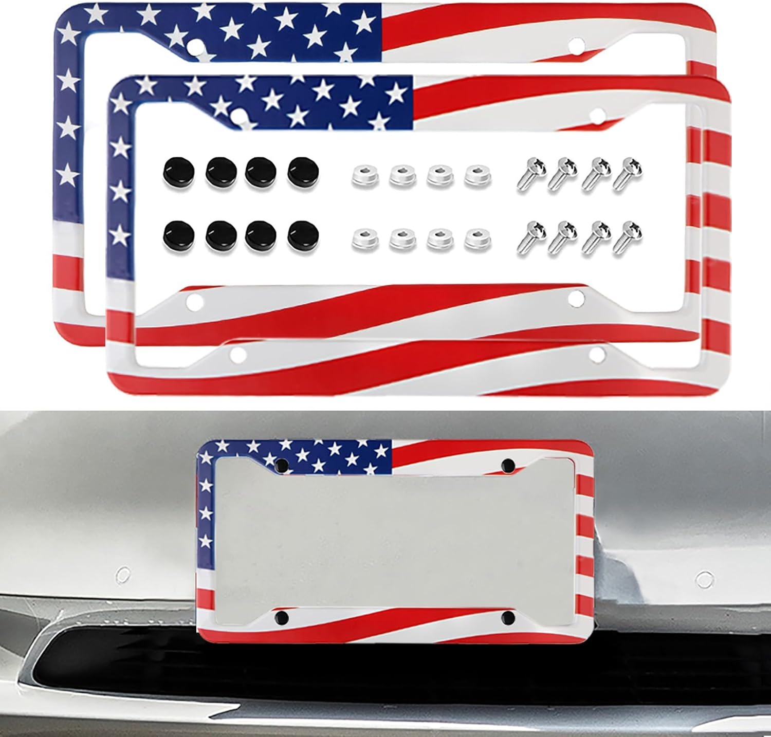 2 marcos de matrícula de automóvil con bandera estadounidense con tornillos, juego de accesorios decorativos de metal con 4 agujeros, cubiertas