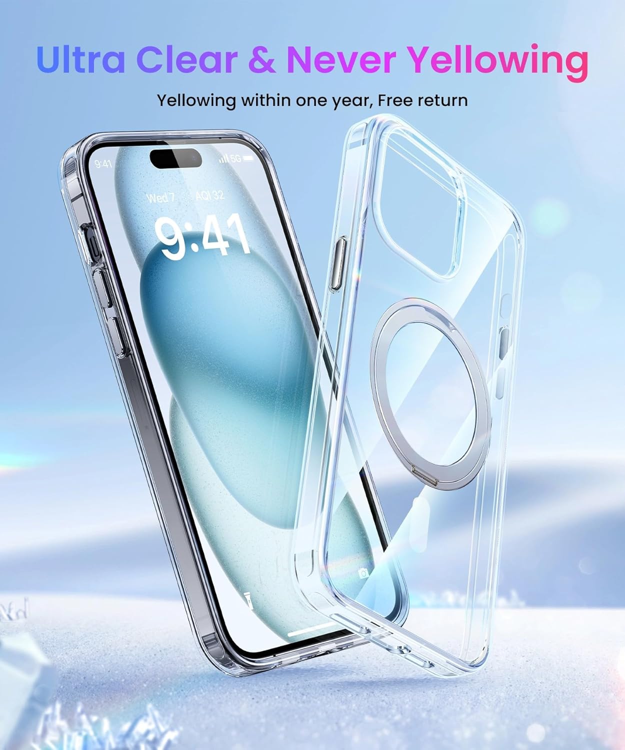 Danmus Funda magnética para iPhone 15 Plus compatible con MagSafe no amarillenta protección militar contra caídas con soporte de anillo de 360 para